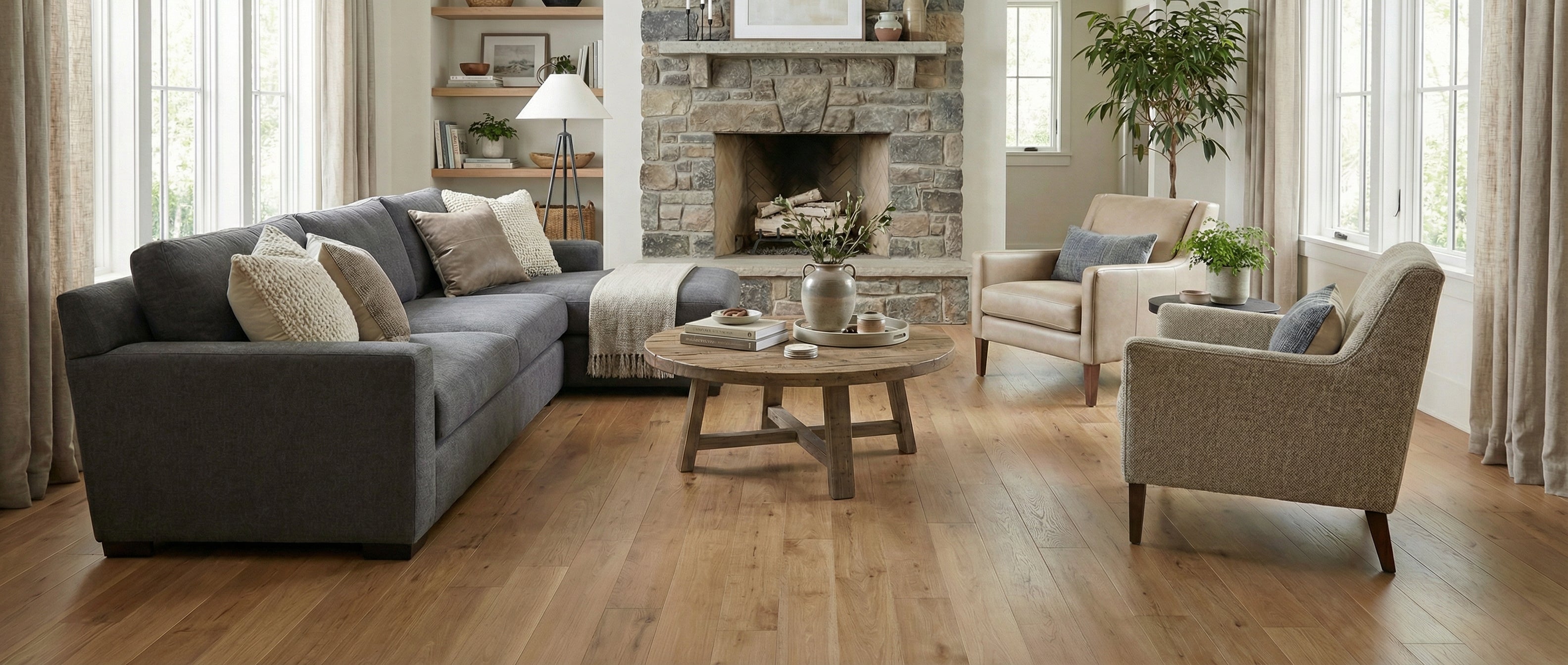 Pièce avec plancher en bois, canapé gris, fauteuils beiges. Espace vide pour un tapis rectangulaire. Ambiance chaleureuse