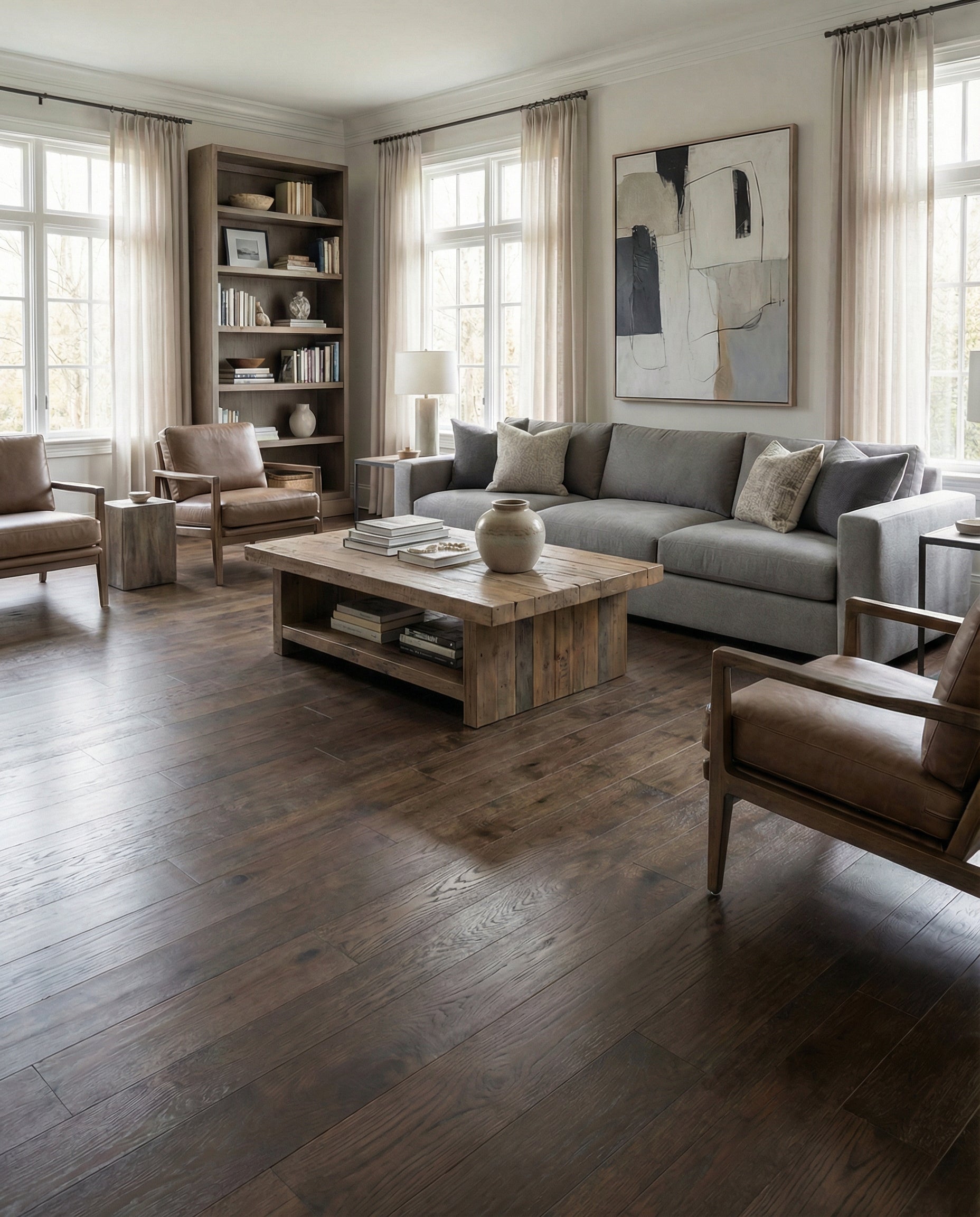 Pièce avec plancher de bois foncé, canapé gris, fauteuils en cuir, table basse en bois. Espace à transformer