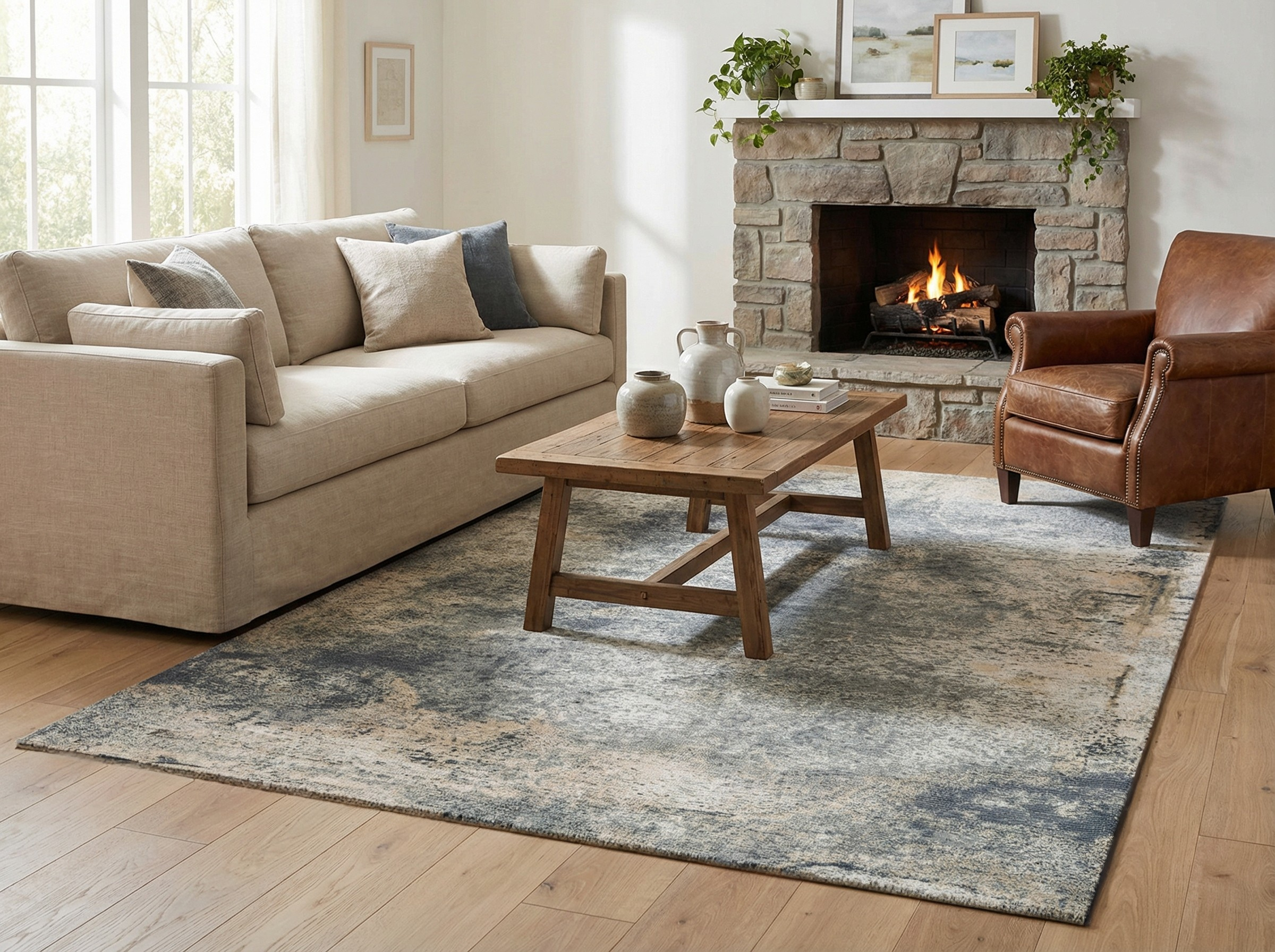 Tapis rectangulaire gris et beige, pièce chaleureuse. Style déco épuré, ambiance cosy