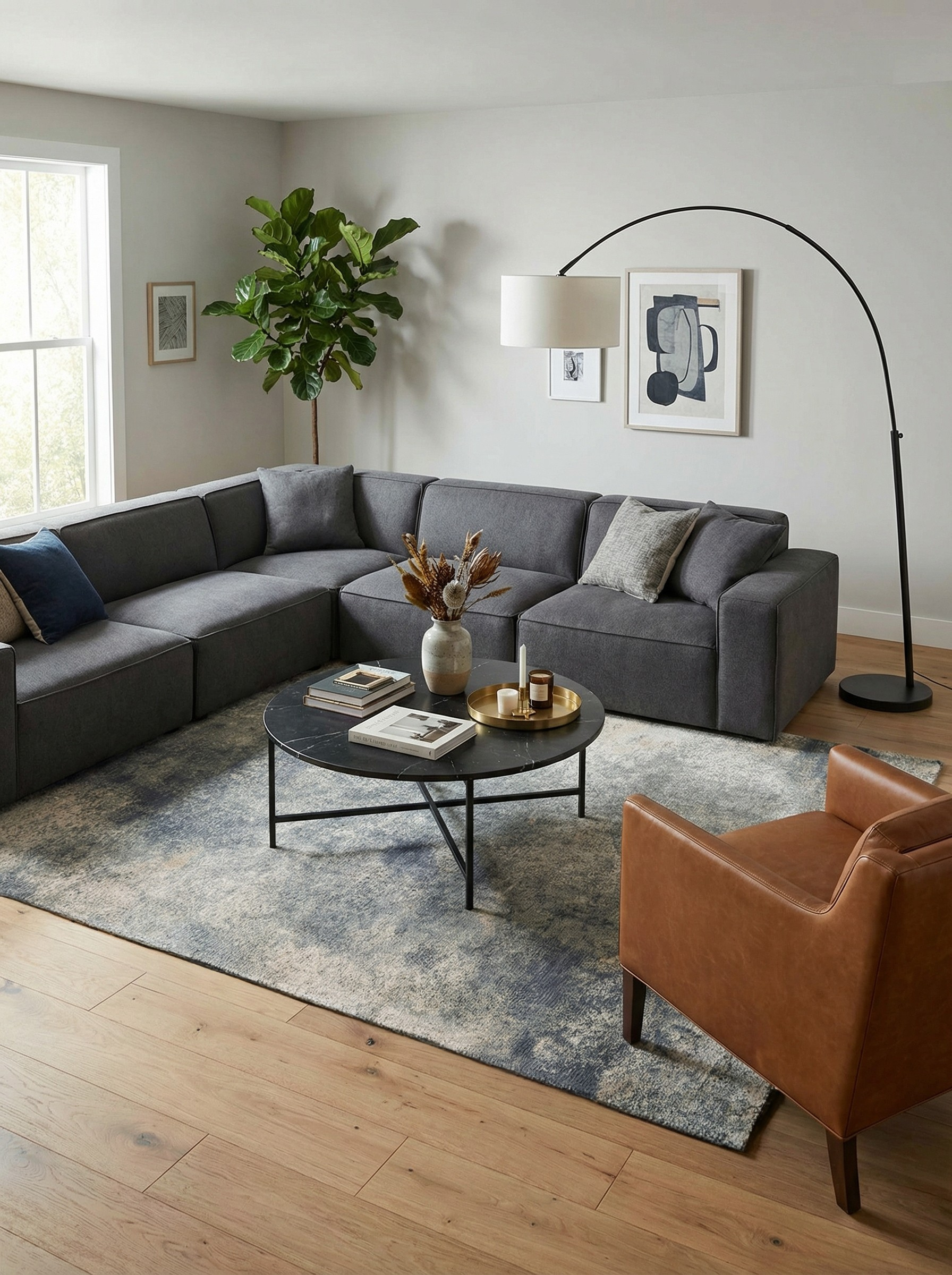 Tapis rectangulaire bleu et gris dans un salon, créant une ambiance feutrée et en harmonie avec le décor