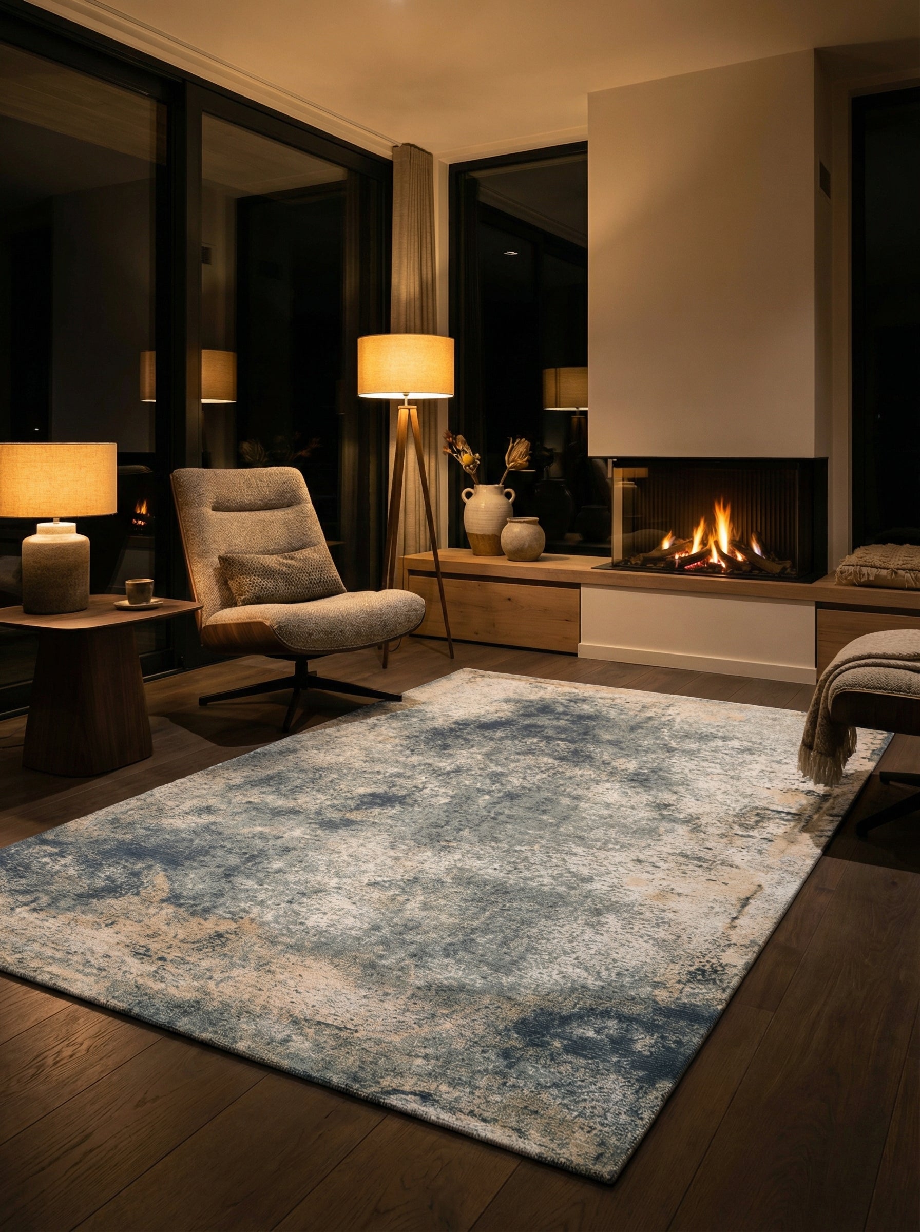 Tapis rectangulaire gris et beige dans une pièce tamisée. Éclairage doux, atmosphère chaleureuse