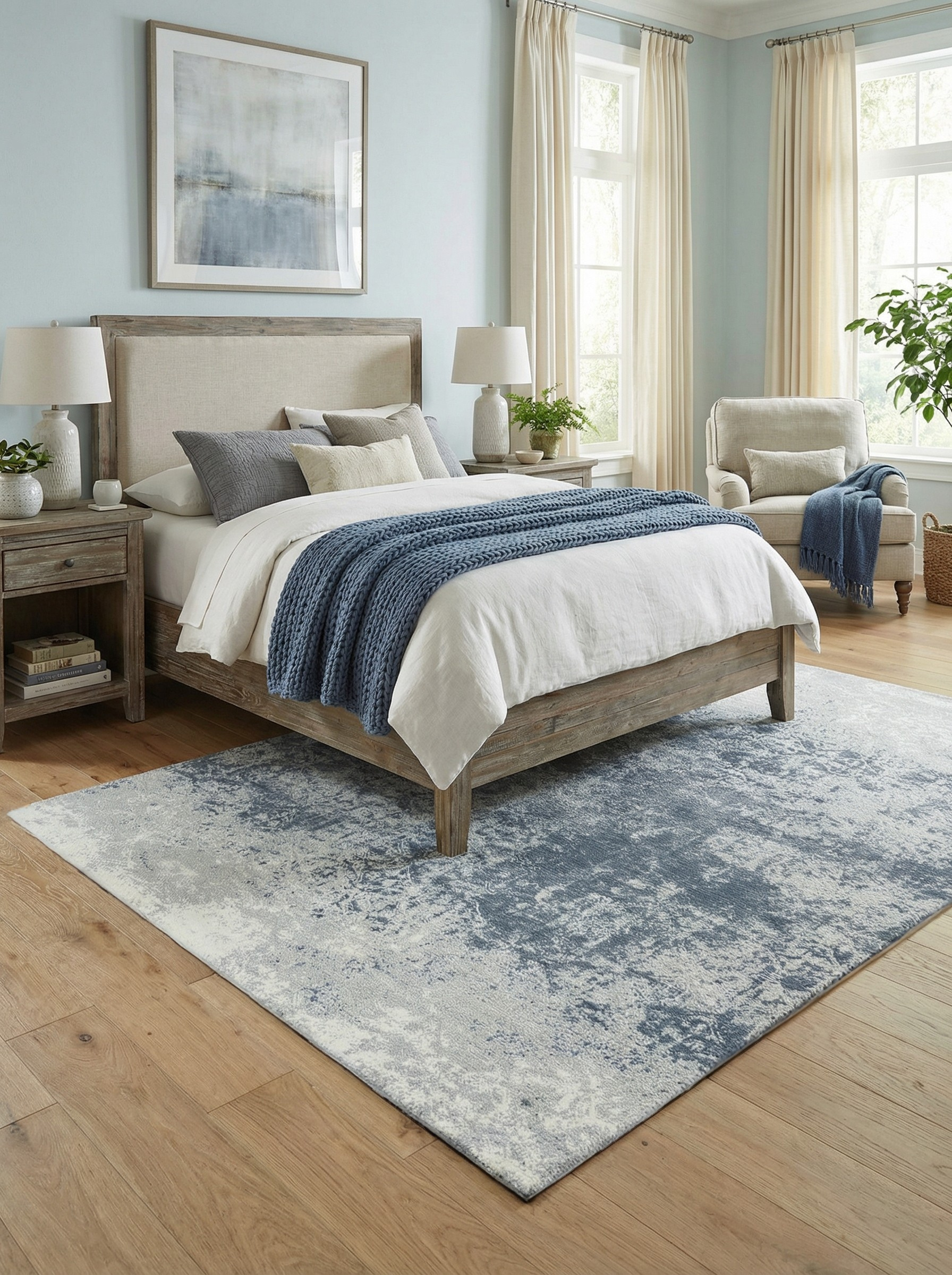 Tapis rectangulaire bleu et gris dans une chambre, douceur et confort pour une ambiance reposante