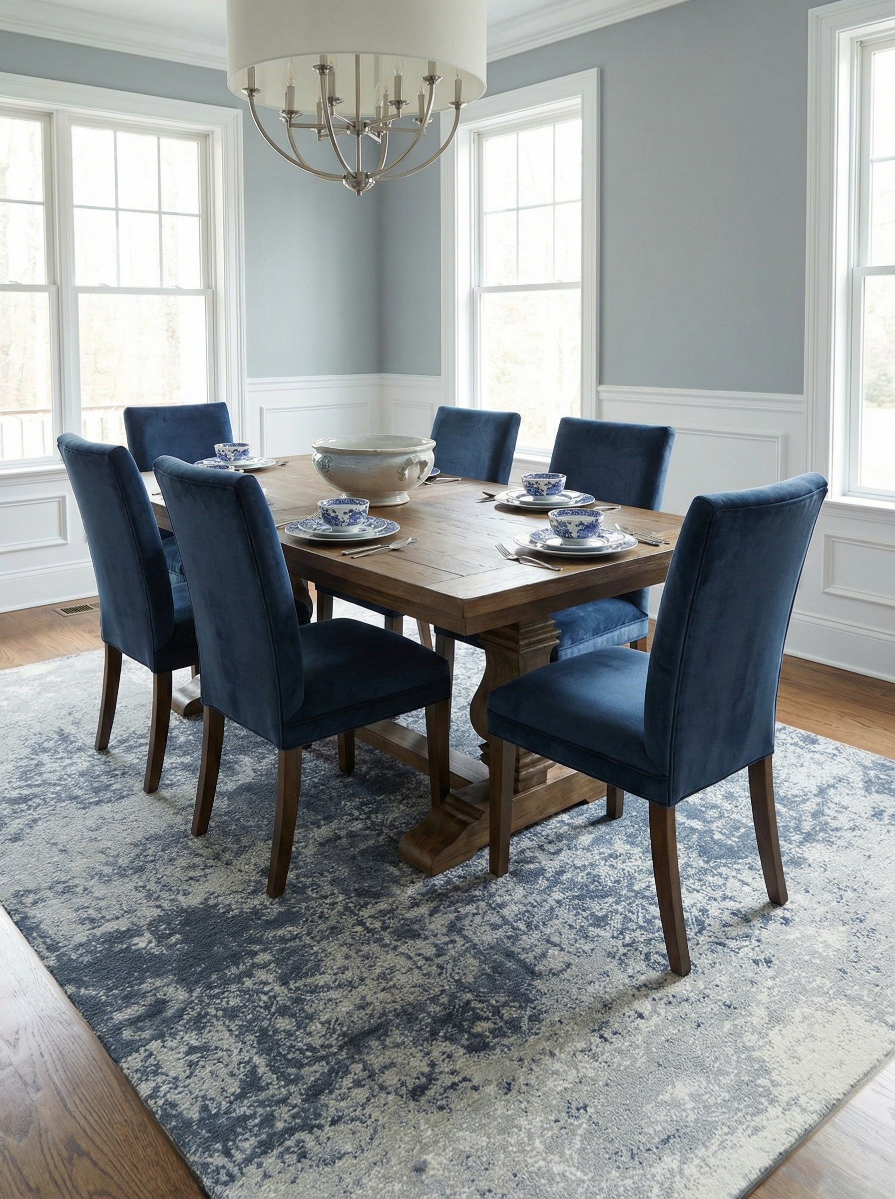 Tapis rectangulaire gris et bleu sous une table à manger. Il définit l'espace repas et crée une ambiance conviviale