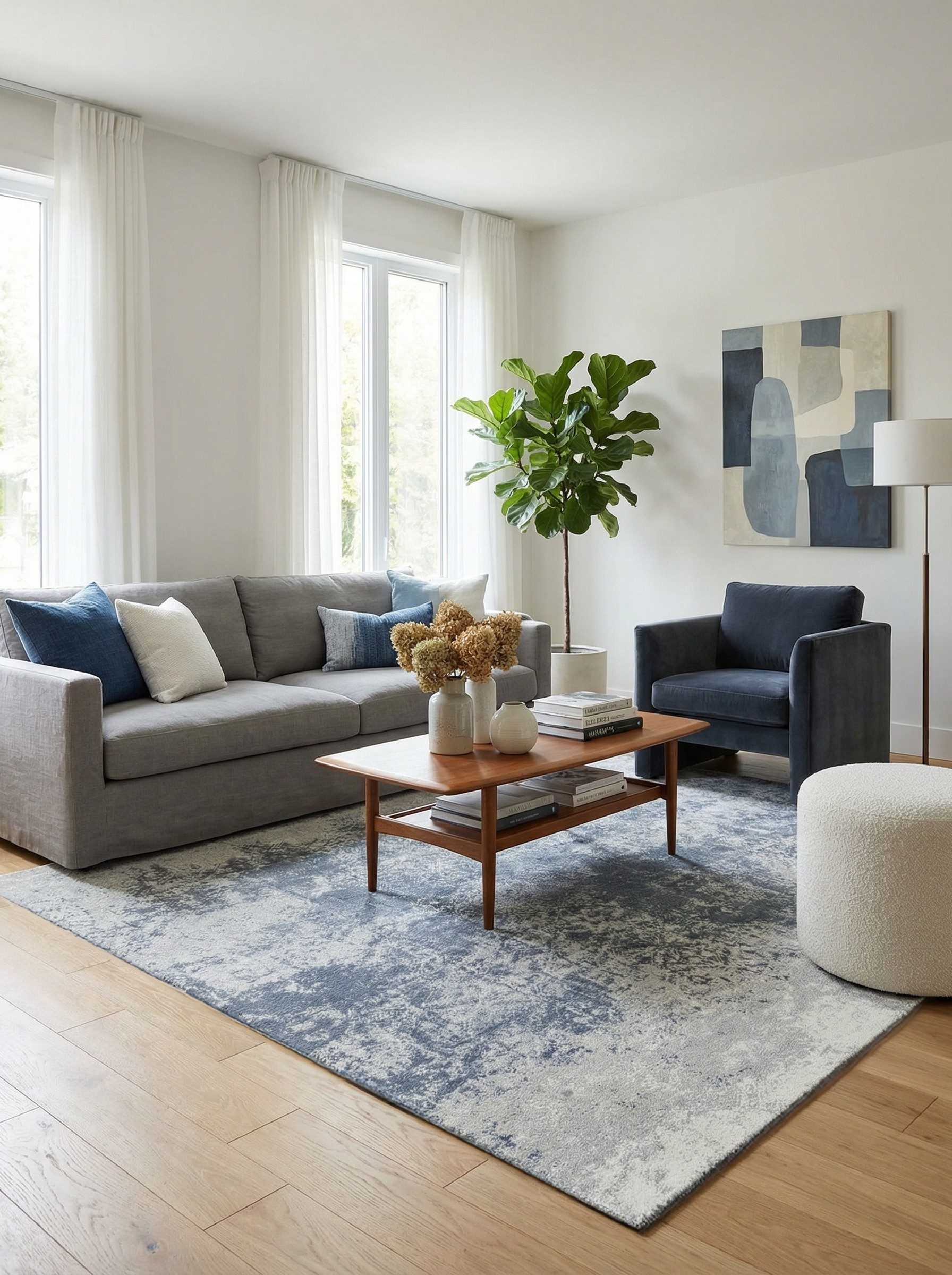 Tapis rectangulaire gris et bleu. Ambiance douce dans le salon. Harmonie avec le décor clair