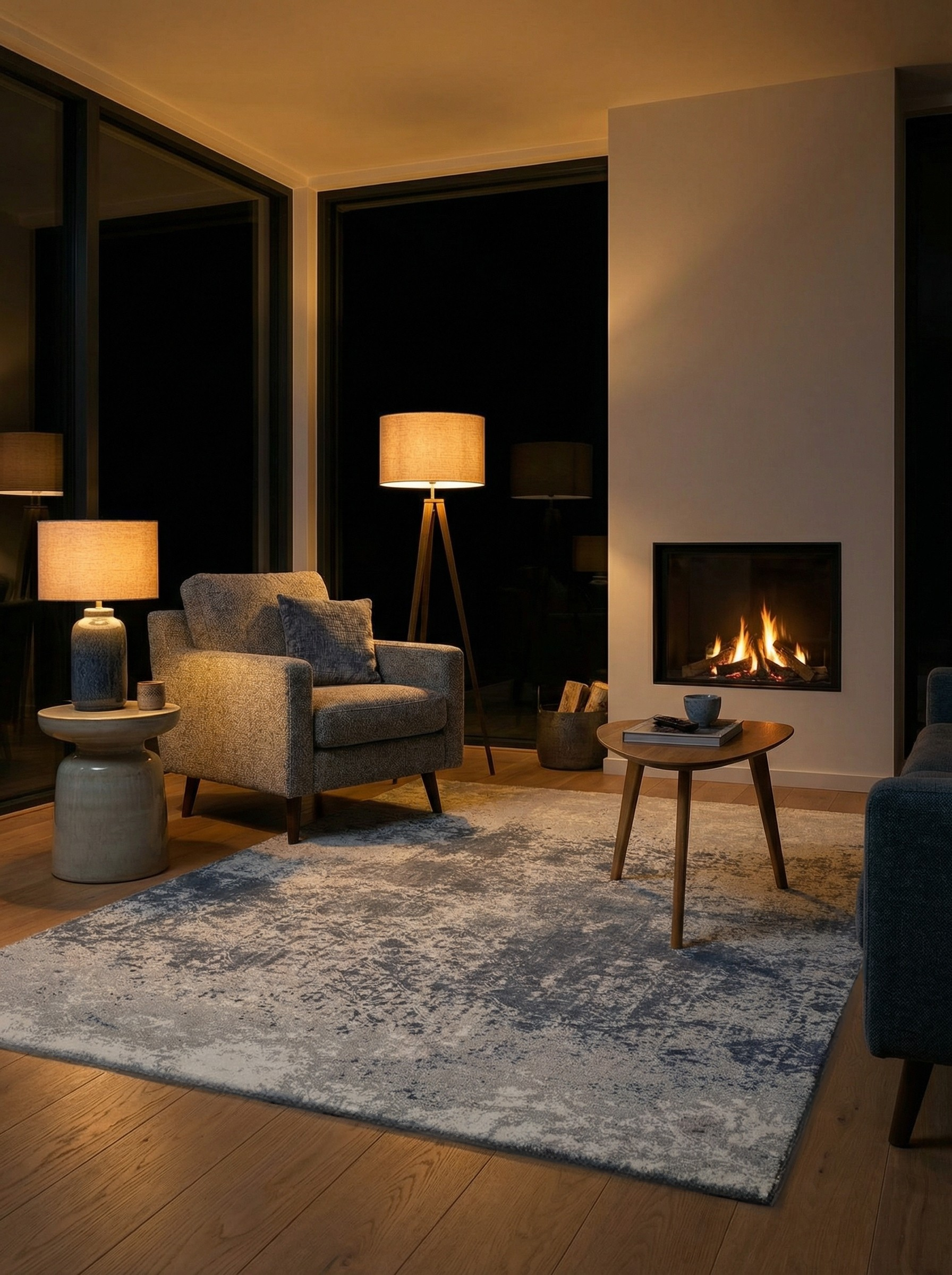 Tapis rectangulaire gris clair, éclairage doux dans une pièce sombre, atmosphère chaleureuse