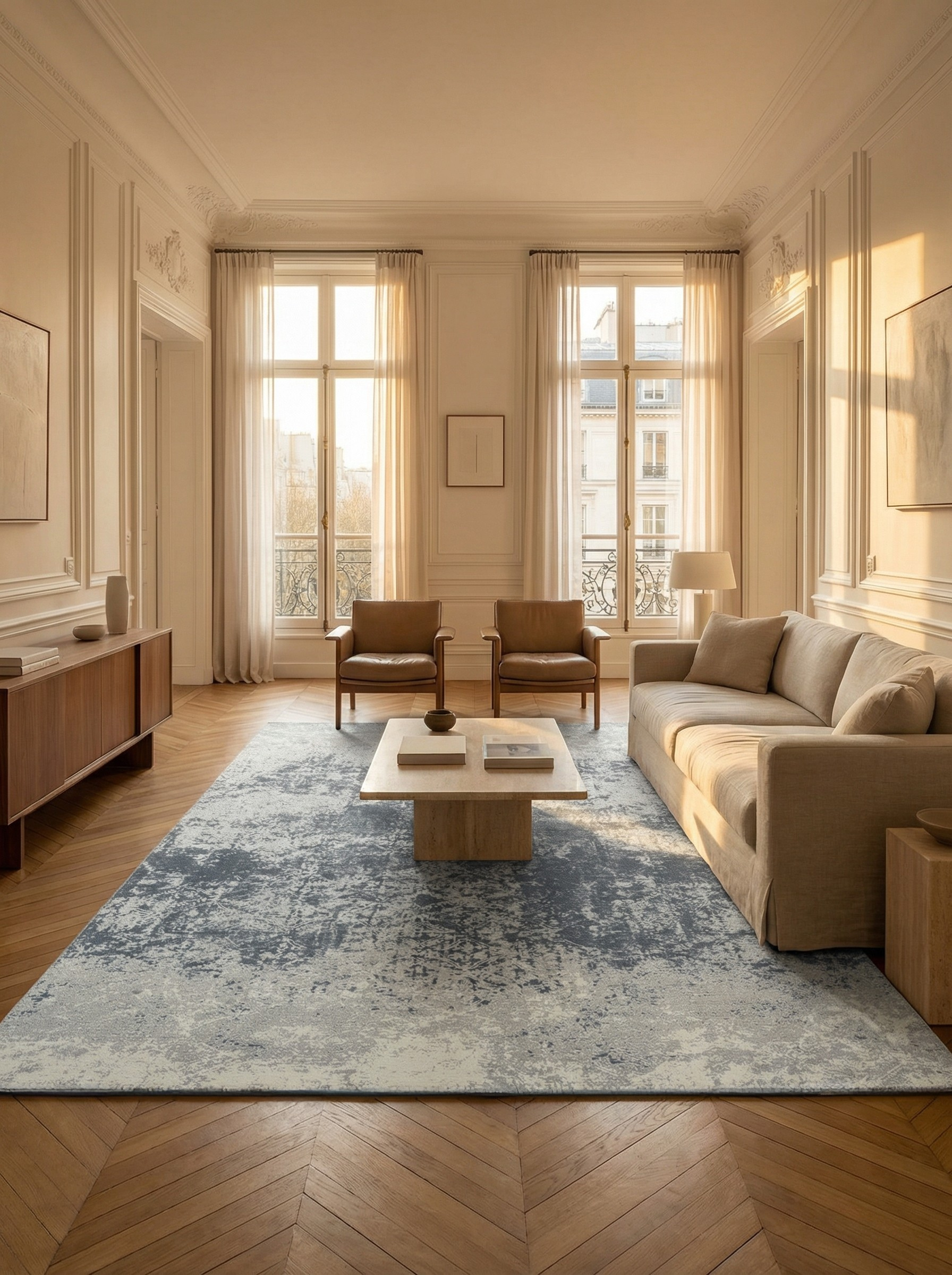 Tapis rectangulaire gris. Ambiance de soirée élégante et conviviale dans le salon