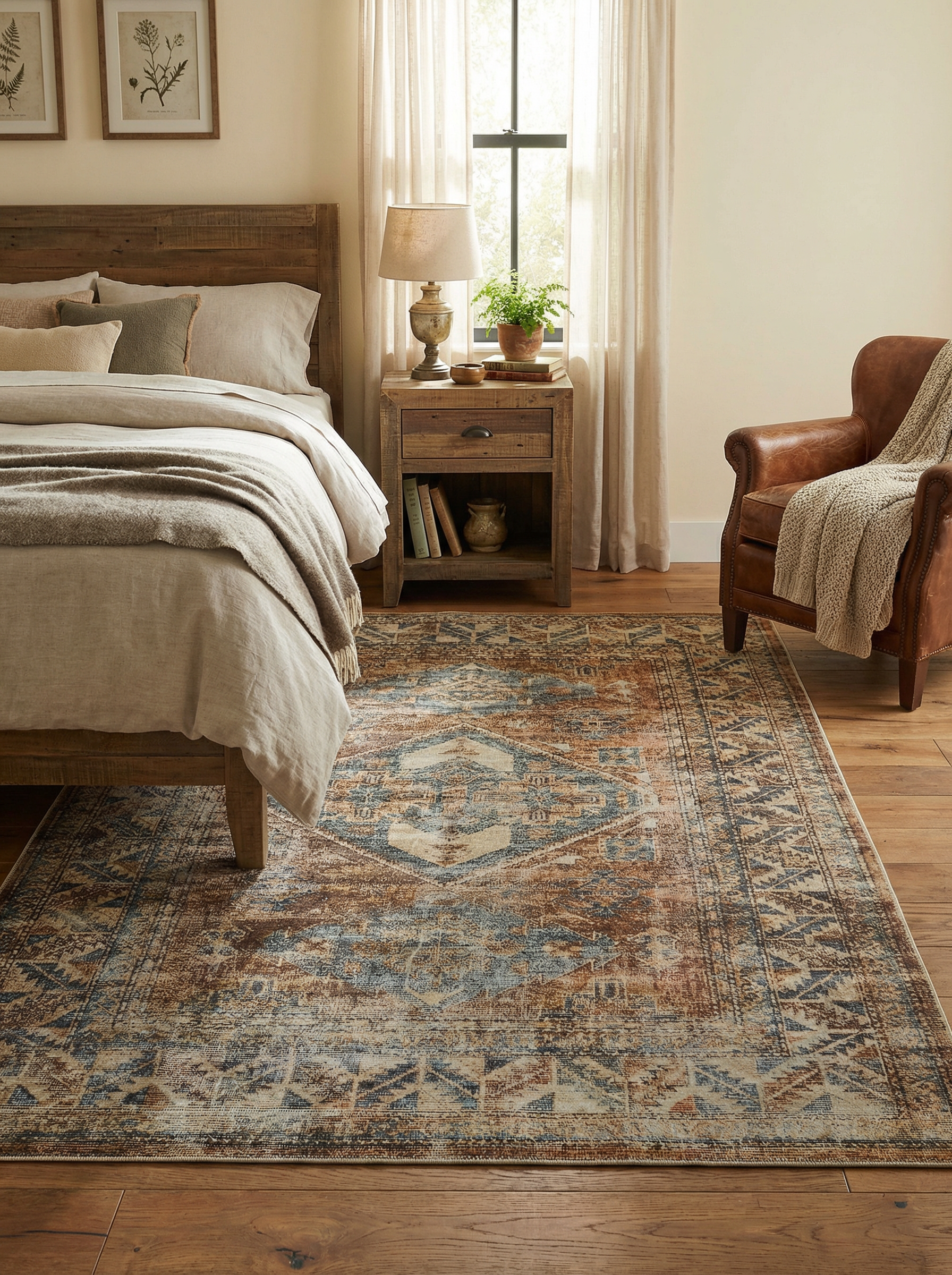 Tapis rectangulaire aux tons ambrés et marron. Il apporte douceur et confort, créant une ambiance reposante dans la chambre