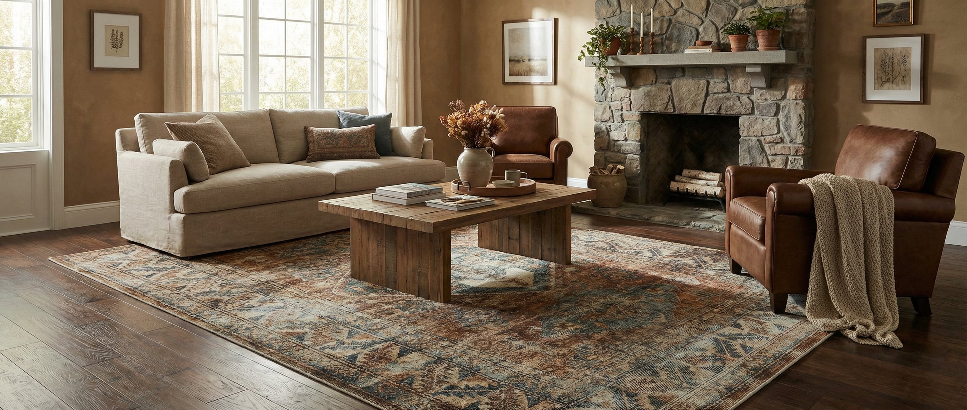 Le tapis rectangulaire transforme la pièce. Harmonie créée par les couleurs marron et bleu, ambiance chaleureuse