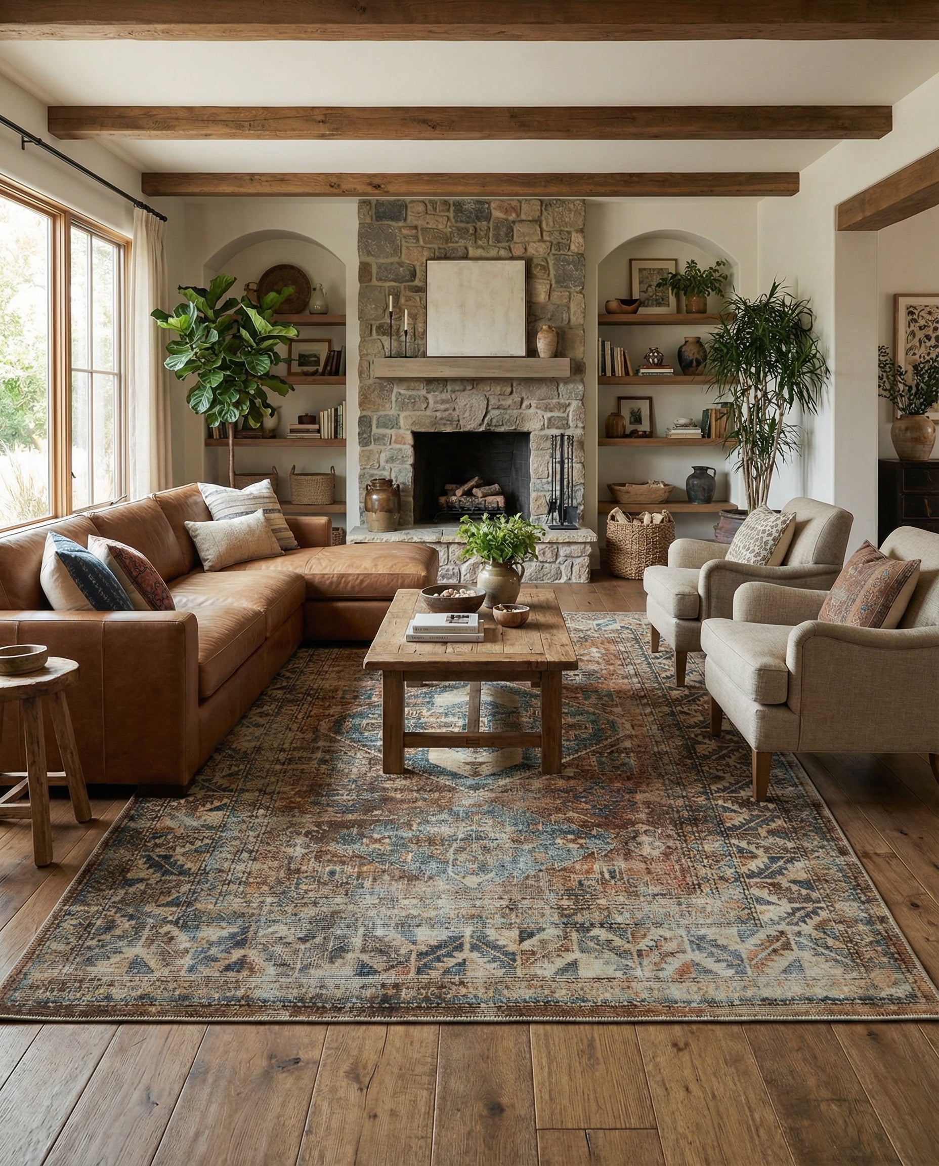 Tapis rectangulaire aux couleurs terreuses, créant une ambiance chaleureuse dans la pièce, accentuant le style rustique