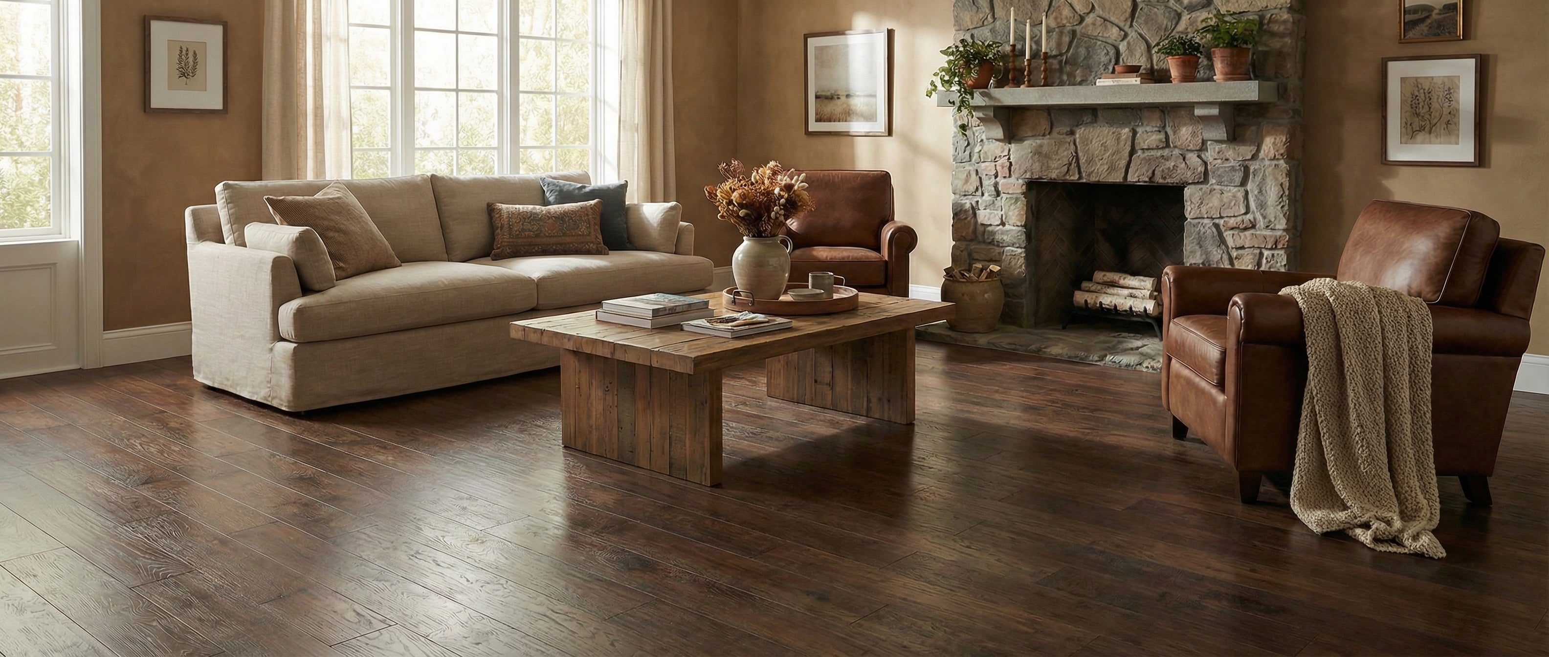 Pièce vide, plancher marron foncé, canapé beige, fauteuils cuir, cheminée en pierre, table basse en bois, ambiance