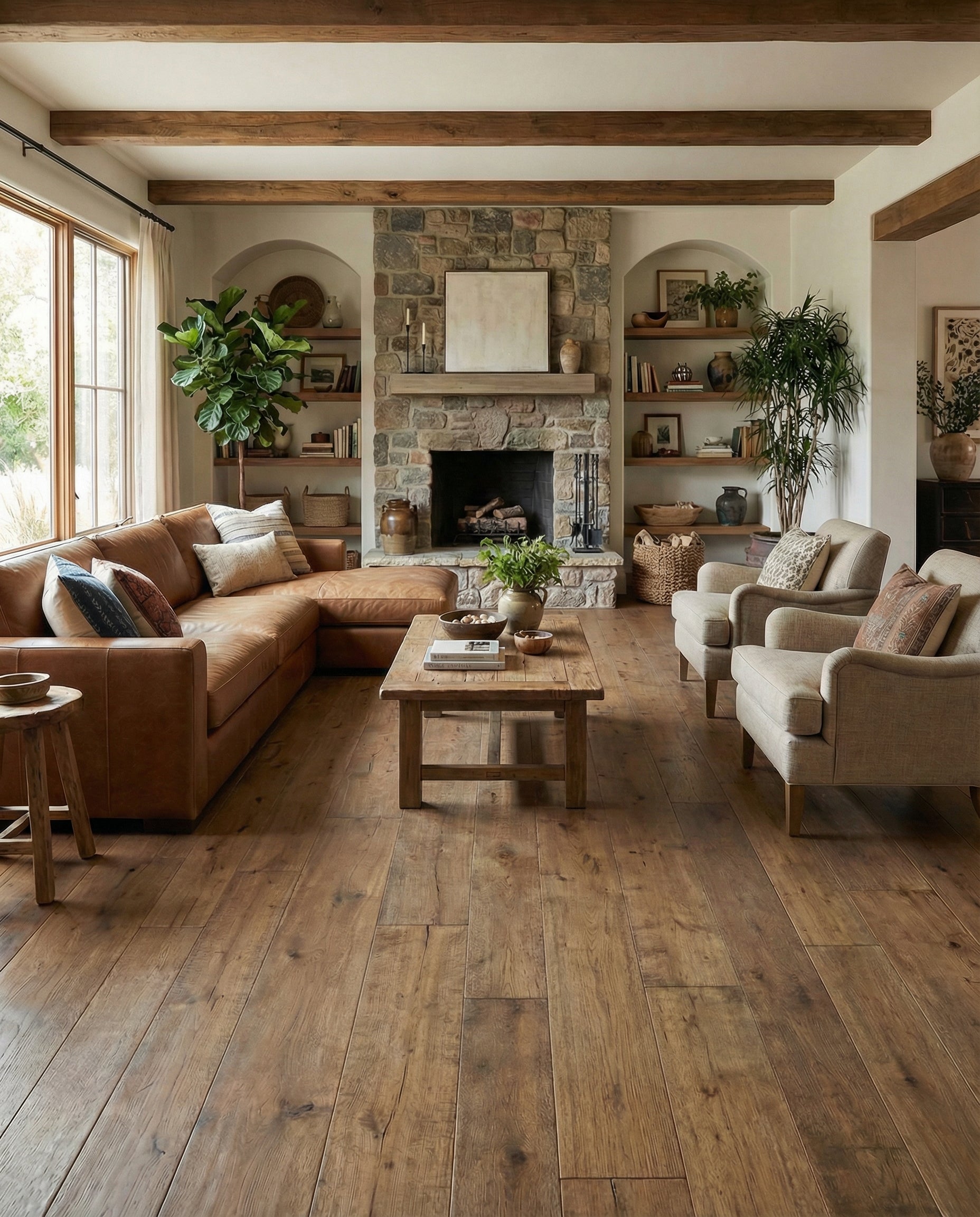 Pièce avec plancher de bois brun, canapé cuir, foyer en pierre, deux fauteuils beiges, ambiance chaleureuse