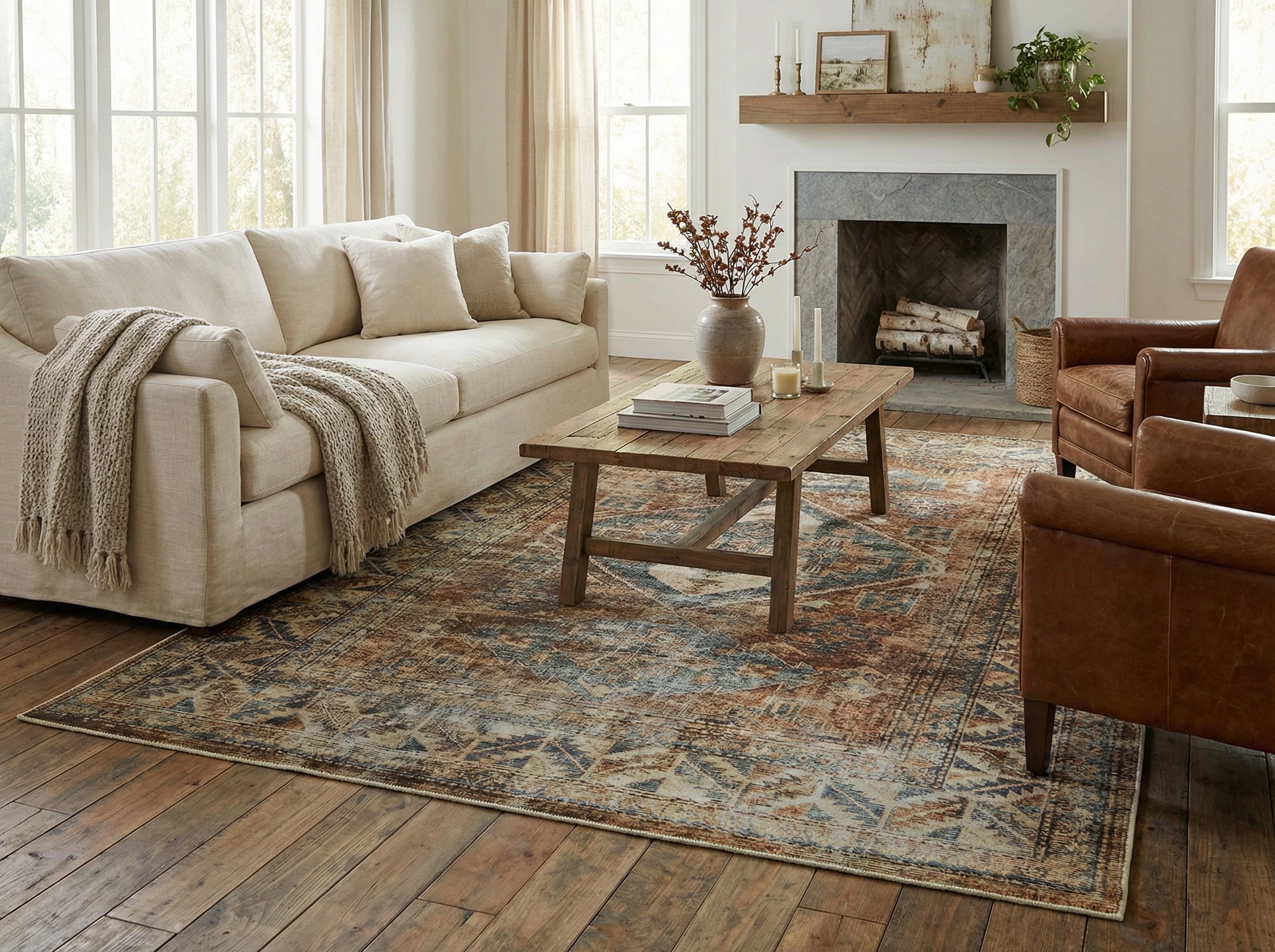 Tapis rectangulaire marron et bleu dans un salon, style déco chaleureux. Ambiance cosy et naturelle