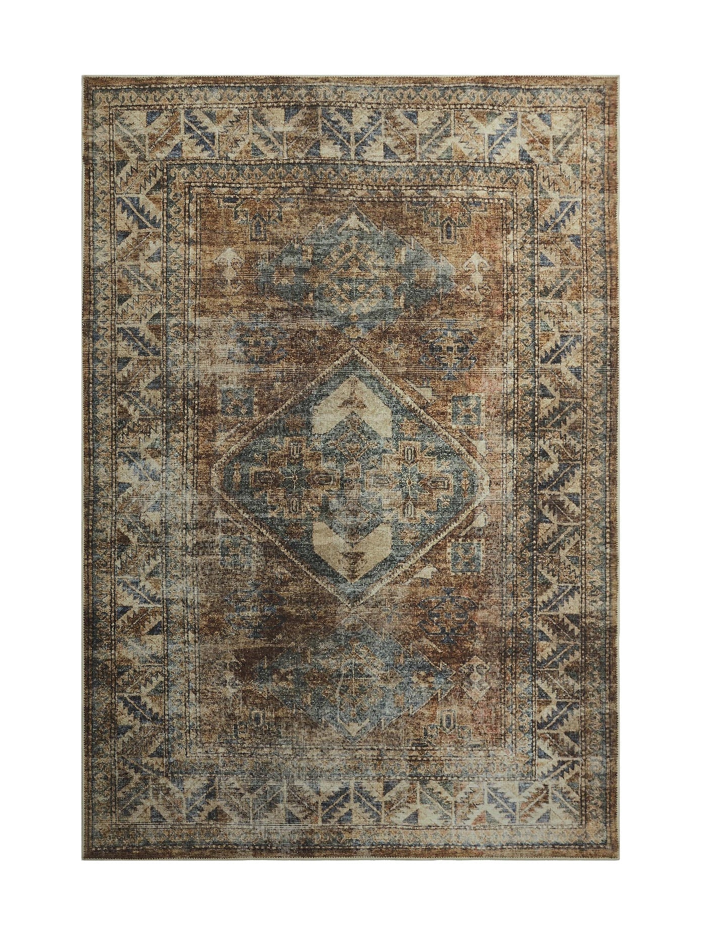 Tapis rectangulaire avec motif géométrique, couleurs marron, bleu et beige, ambiance vintage