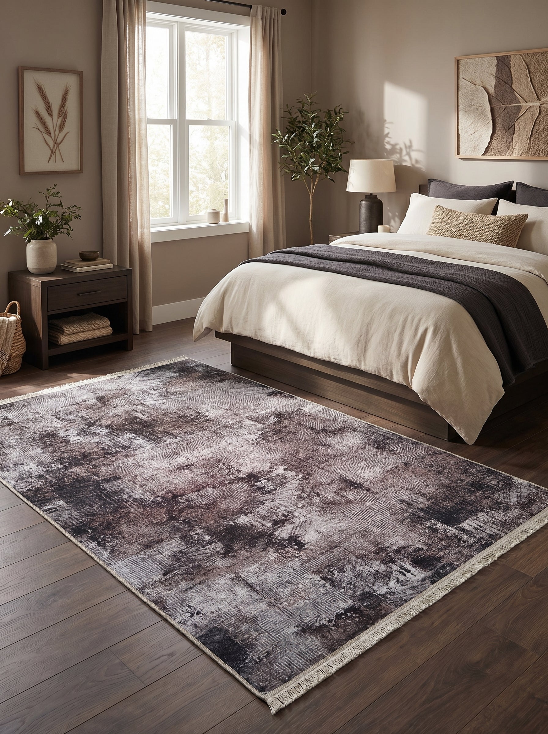 Tapis rectangulaire abstrait aux tons de brun, gris et blanc cassé, à franges, dans une chambre lumineuse