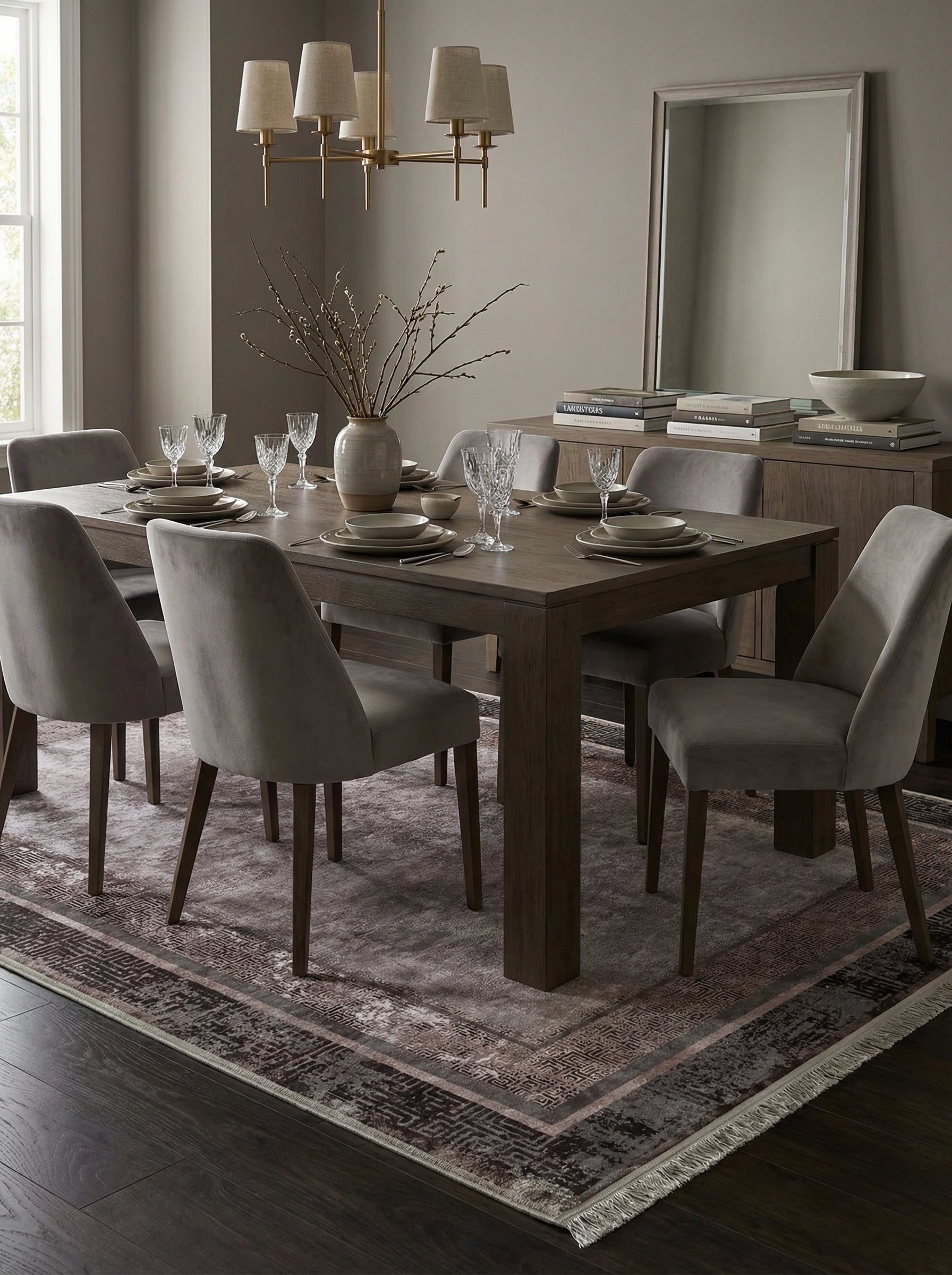 Tapis rectangulaire aux motifs abstraits gris charbon et rose poudré, avec une bordure stylisée, posé dans une salle à manger