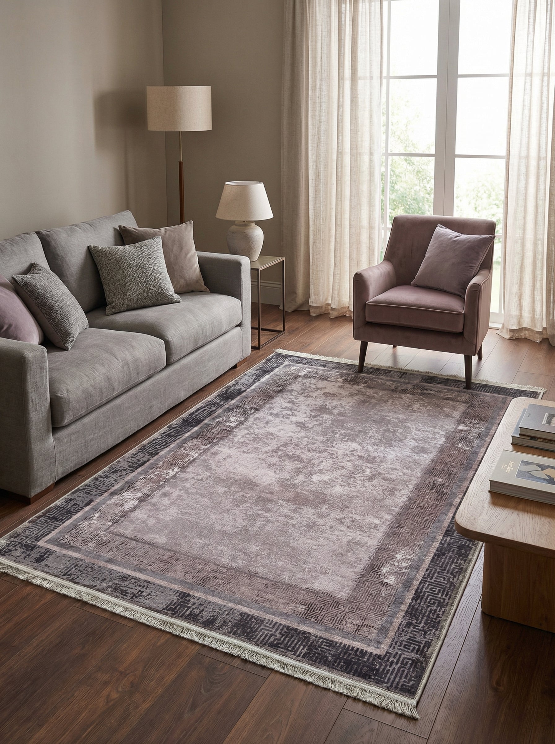Tapis rectangulaire aux motifs abstraits et géométriques, teintes beige, gris et brun, franges, posé sur un parquet dans un salon