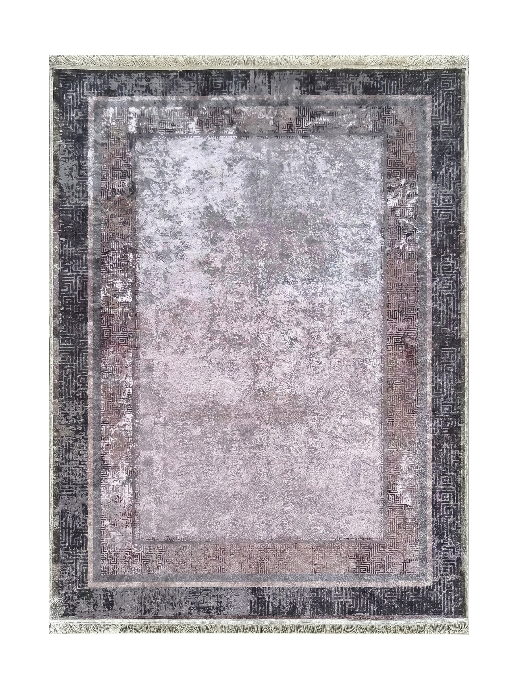Tapis rectangulaire gris et rose poudré, au motif abstrait central et bordures géométriques foncées, avec franges