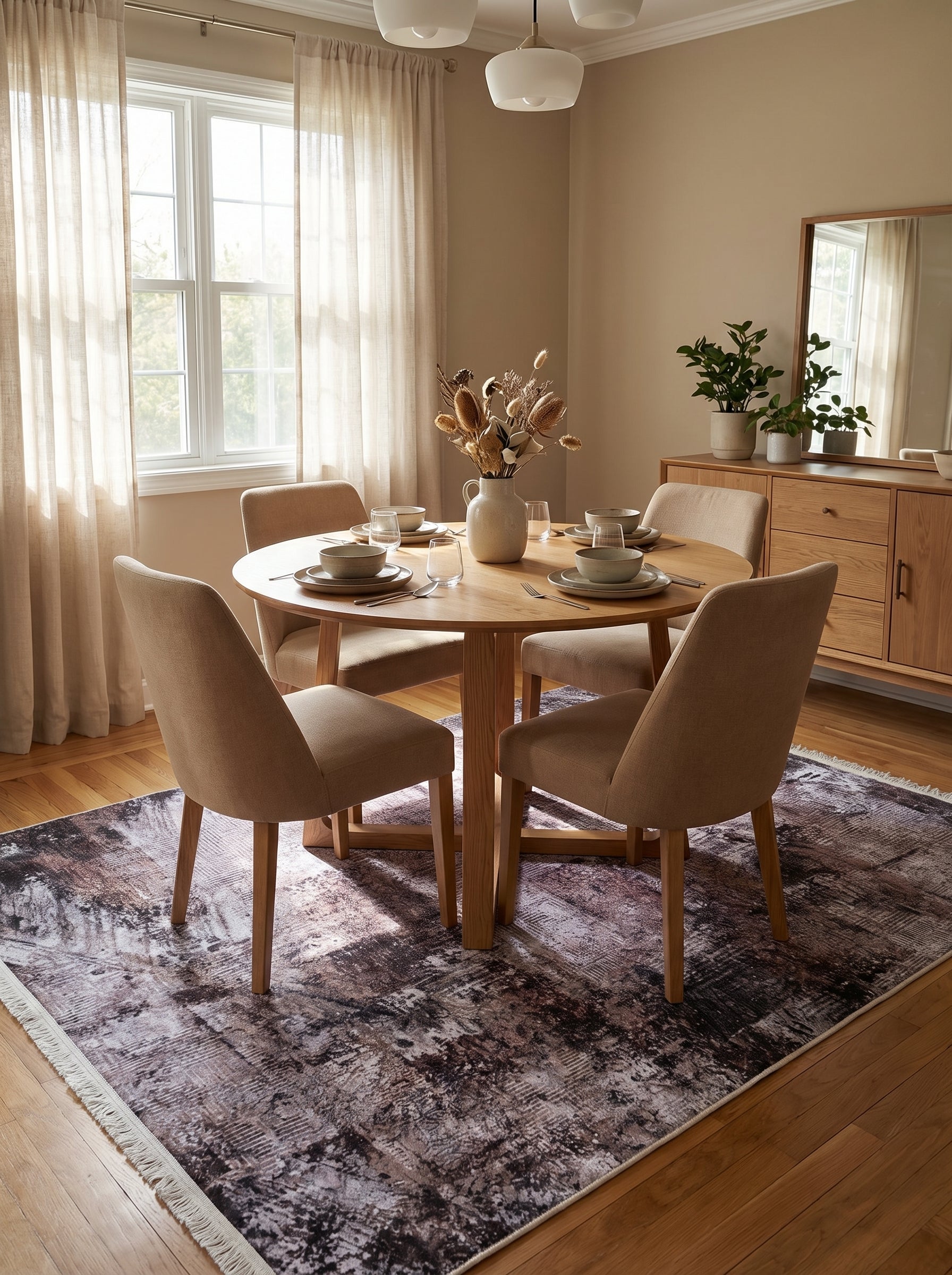 Tapis rectangulaire à motifs abstraits gris, anthracite, blanc et mauve foncé, posé sous une table de salle à manger
