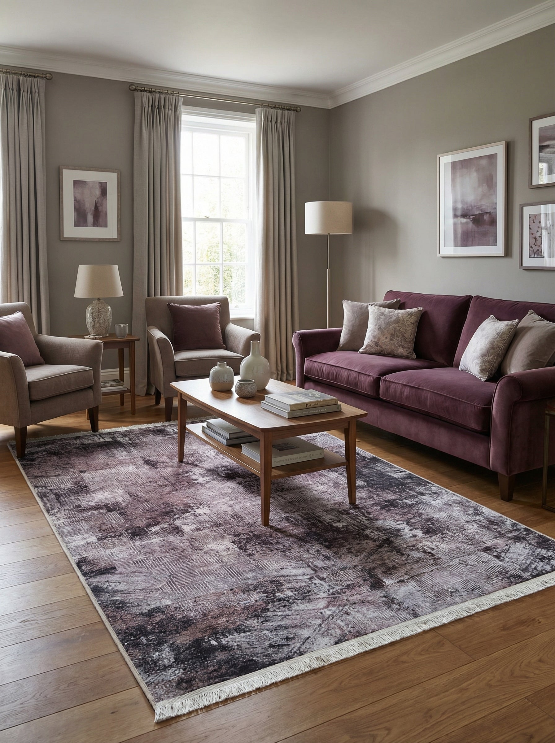 Tapis aux motifs abstraits délavés, mélange de violet, gris et noir, avec franges, sur parquet d'un salon