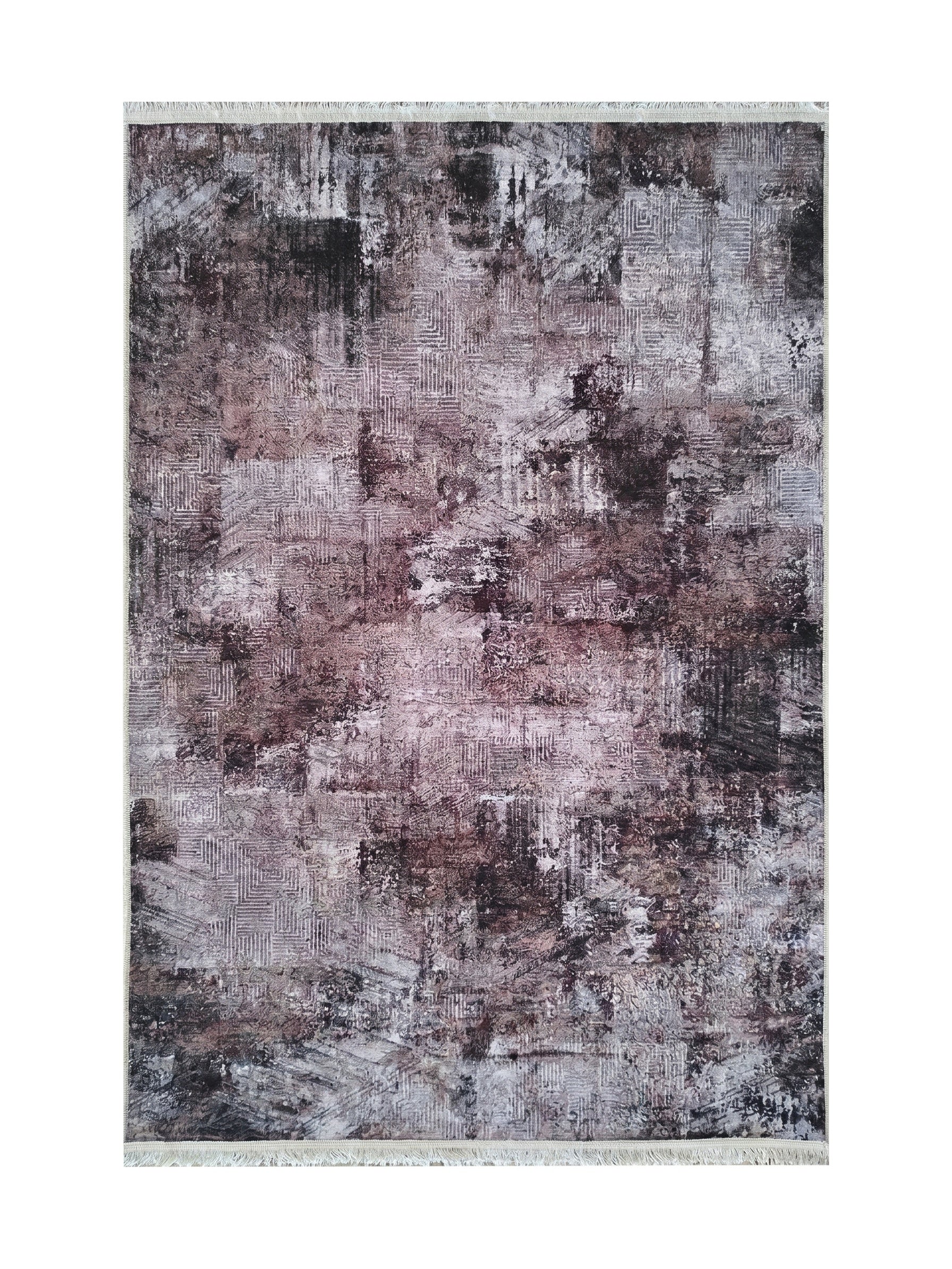 Tapis rectangulaire à motifs abstraits et géométriques délavés dans des nuances de marron rosé, gris et blanc, avec des franges