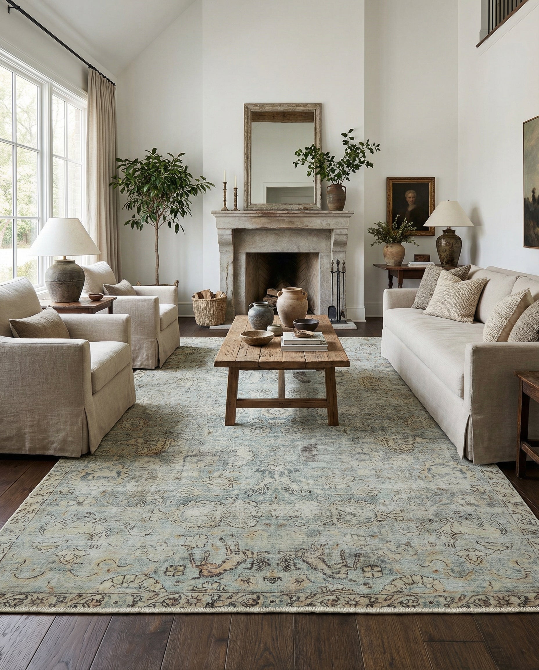 Tapis rectangulaire menthe et marron. Il apporte une ambiance chaleureuse à la pièce, avec un style classique