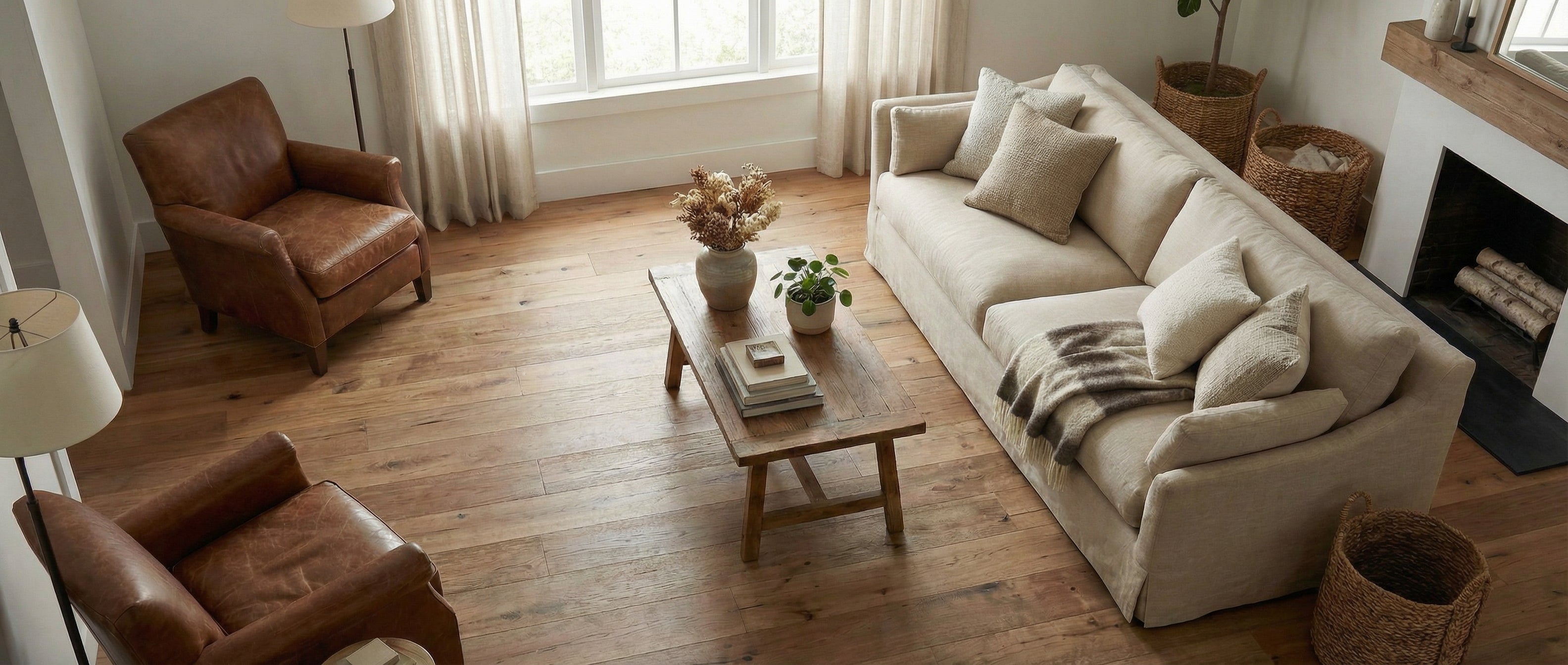Pièce lumineuse avec plancher en bois, canapé beige, fauteuils en cuir. Espace vide pour un tapis rectangulaire, ambiance