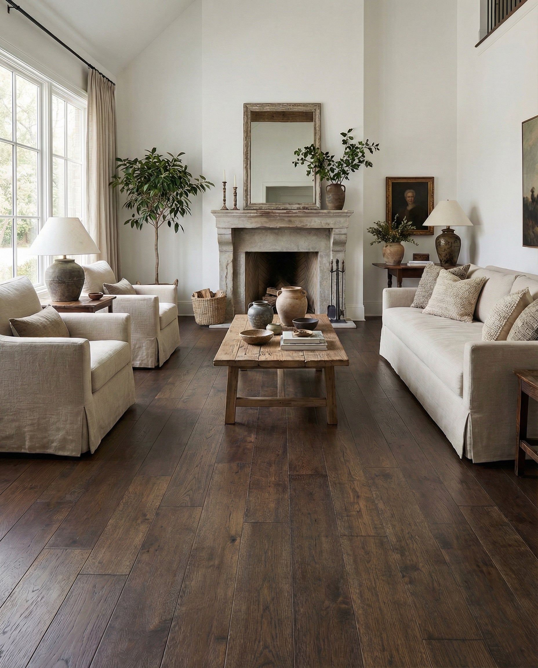 Pièce avec parquet foncé, canapé et fauteuils beiges, cheminée, miroir, ambiance chaleureuse, espace à transformer