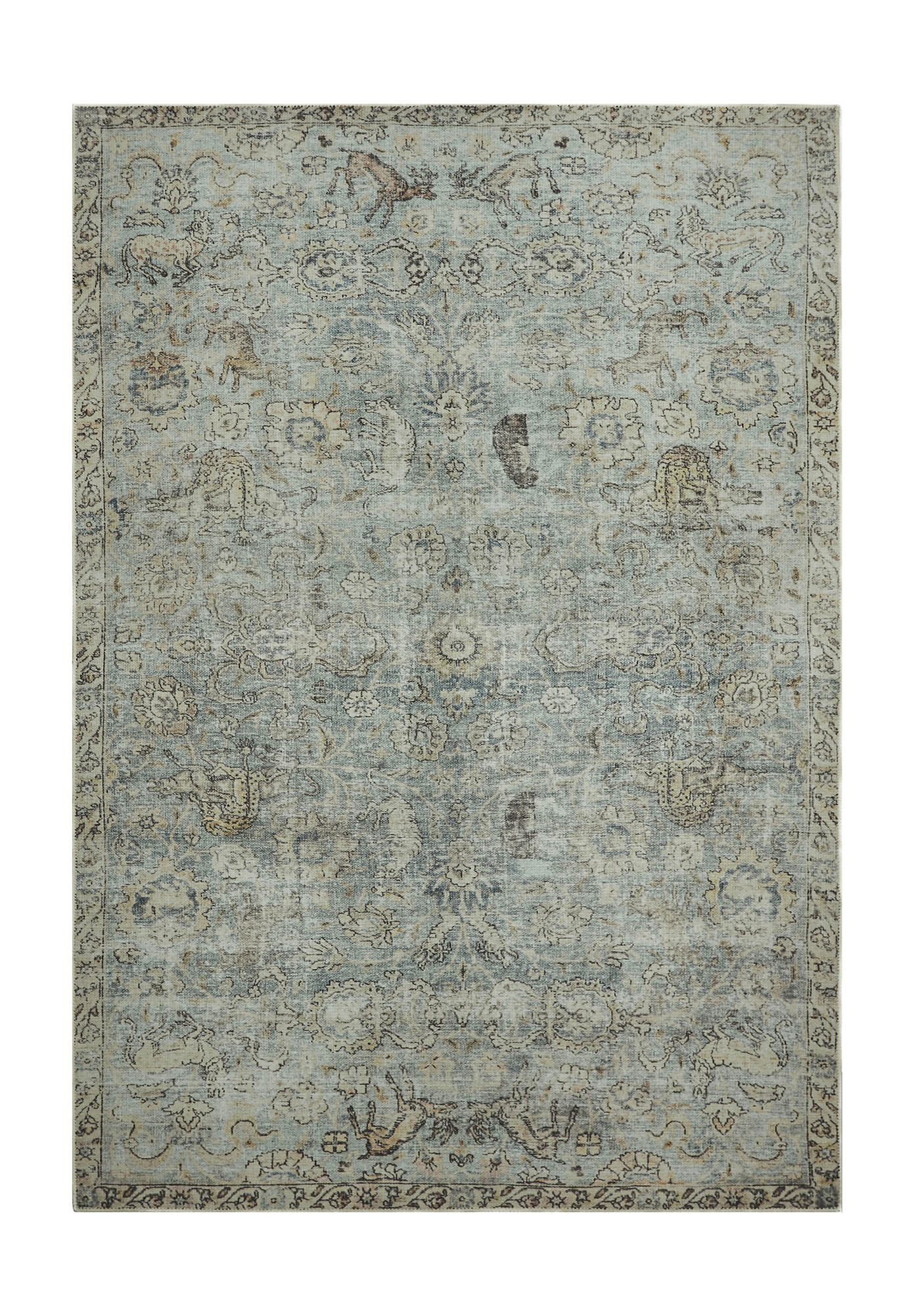 Tapis rectangulaire d'inspiration vintage, motif floral, couleurs menthe et beige, ambiance feutrée