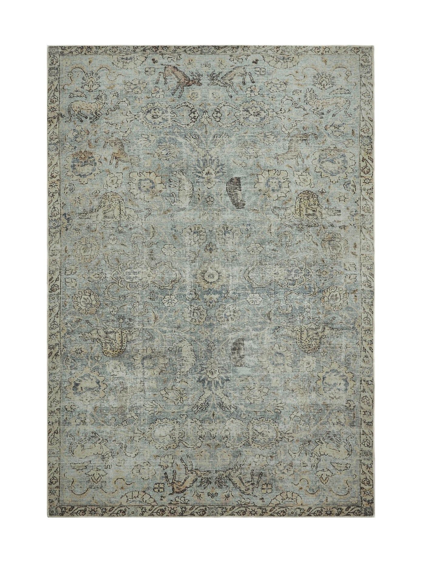 Tapis rectangulaire d'inspiration vintage, motif floral, couleurs menthe et beige, ambiance feutrée