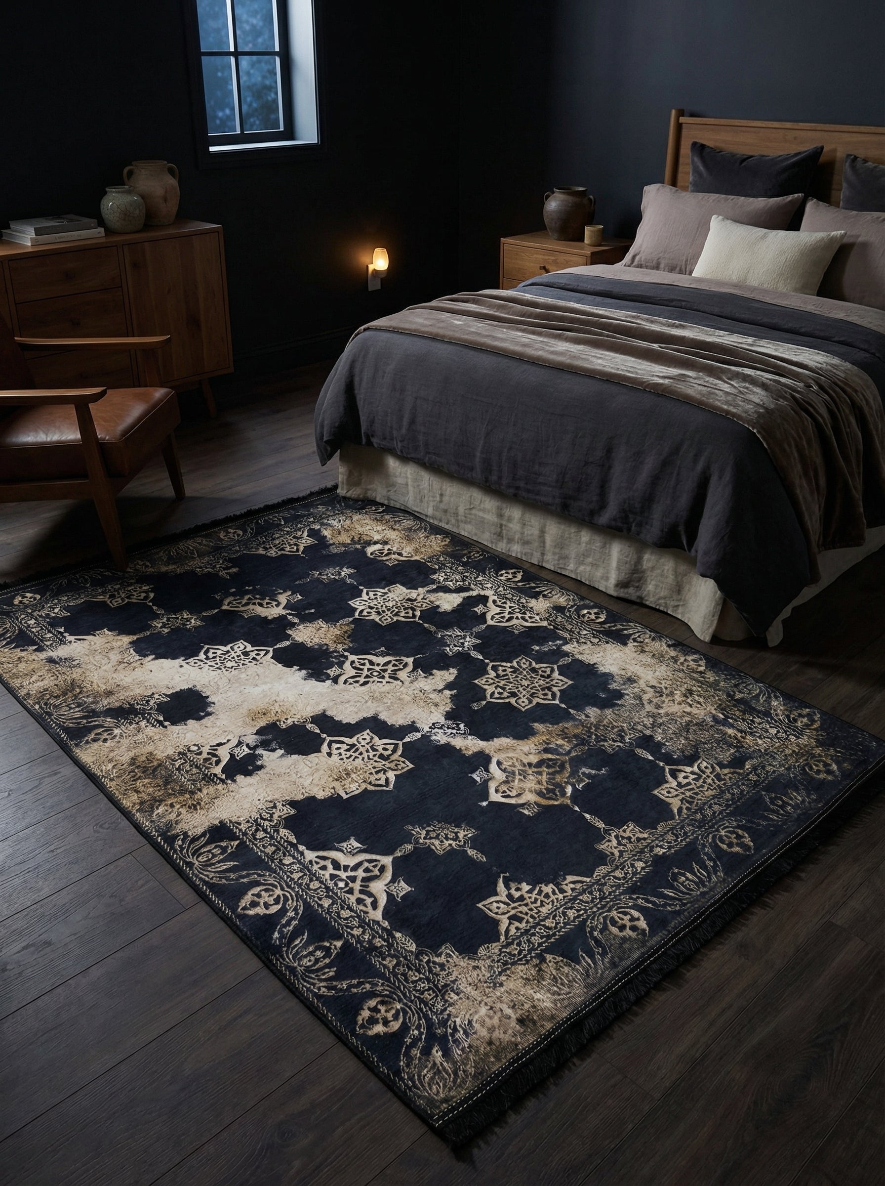 Tapis rectangulaire bleu marine et crème avec motifs orientaux vieillis et franges, posé sur un parquet dans une chambre