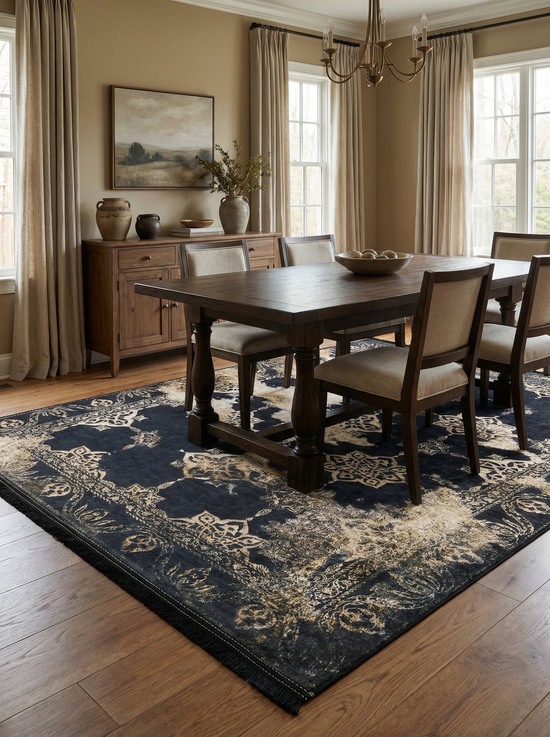 Tapis rectangulaire bleu foncé avec motifs floraux et médaillons dorés vieillis, posé sur un parquet dans une salle à manger