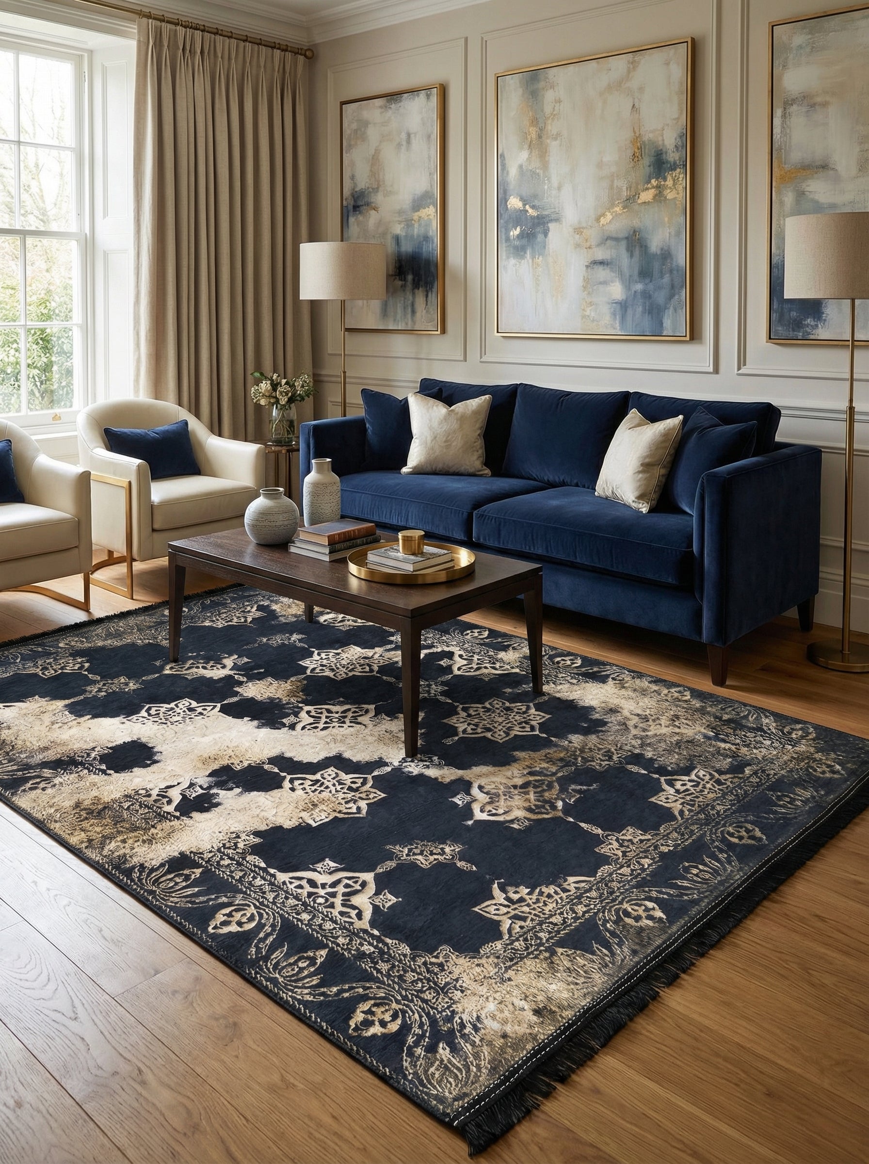 Tapis rectangulaire bleu marine et beige aux motifs floraux et médaillons d'inspiration orientale, avec des zones effet vieilli, posé sur un parquet dans un salon élégant