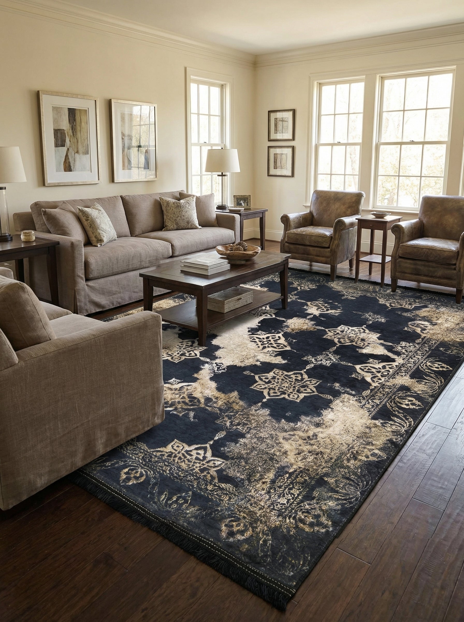 Grand tapis rectangulaire bleu nuit et crème avec des motifs floraux et médaillons au style vieilli, posé dans un salon