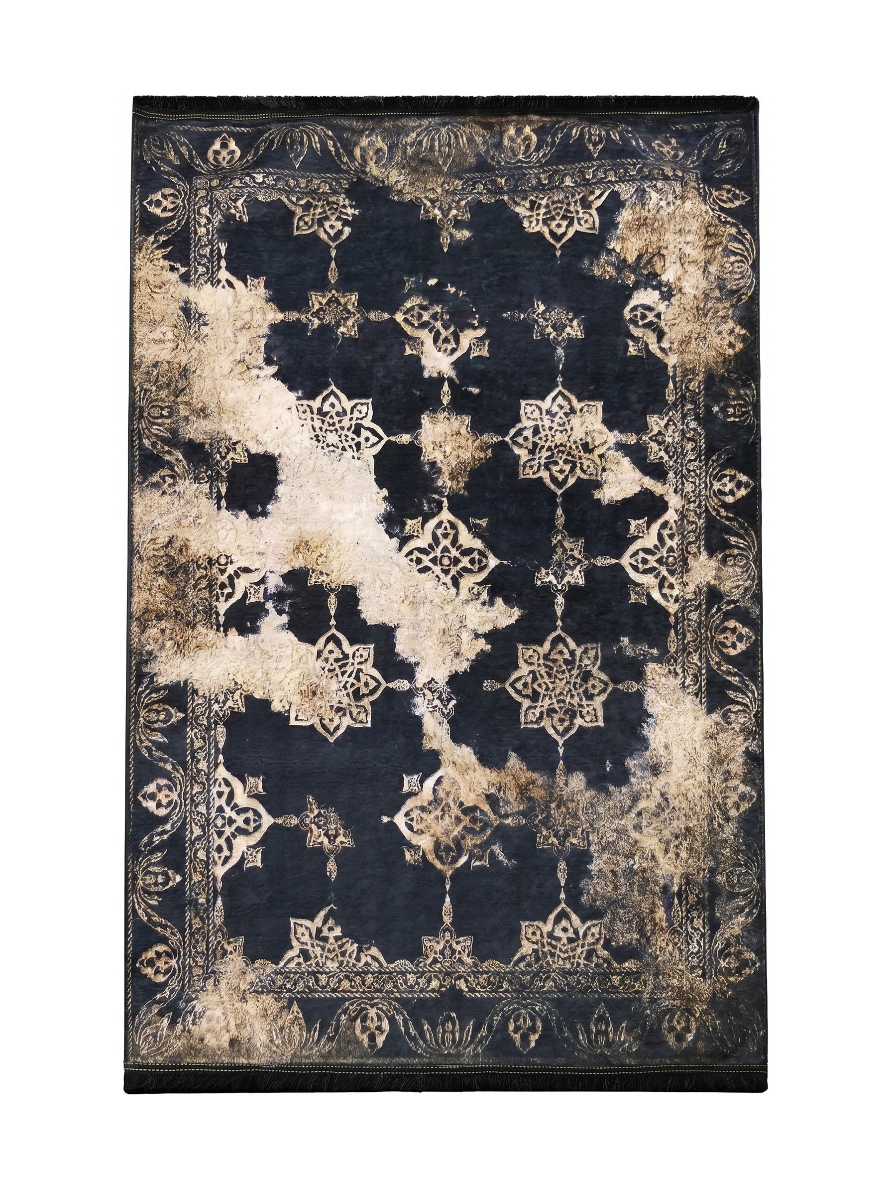 Tapis rectangulaire bleu marine à motifs floraux et géométriques beiges, avec effet vieilli et franges