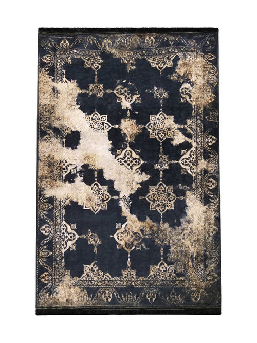 Tapis rectangulaire bleu marine à motifs floraux et géométriques beiges, avec effet vieilli et franges