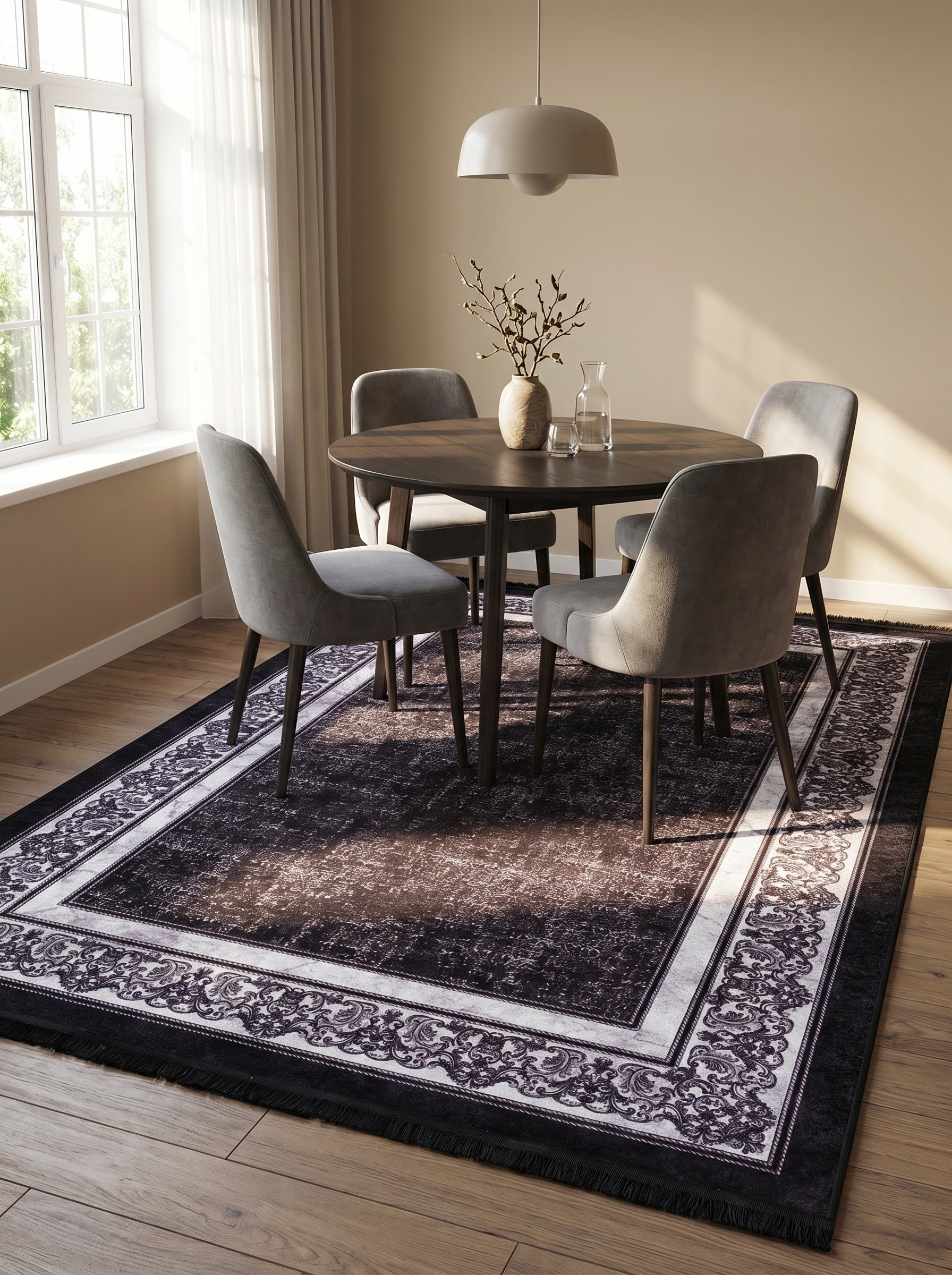 Tapis rectangulaire sombre à effet vieilli, bordure blanche et grise ornée de motifs floraux classiques et franges, dans une salle à manger sur parquet