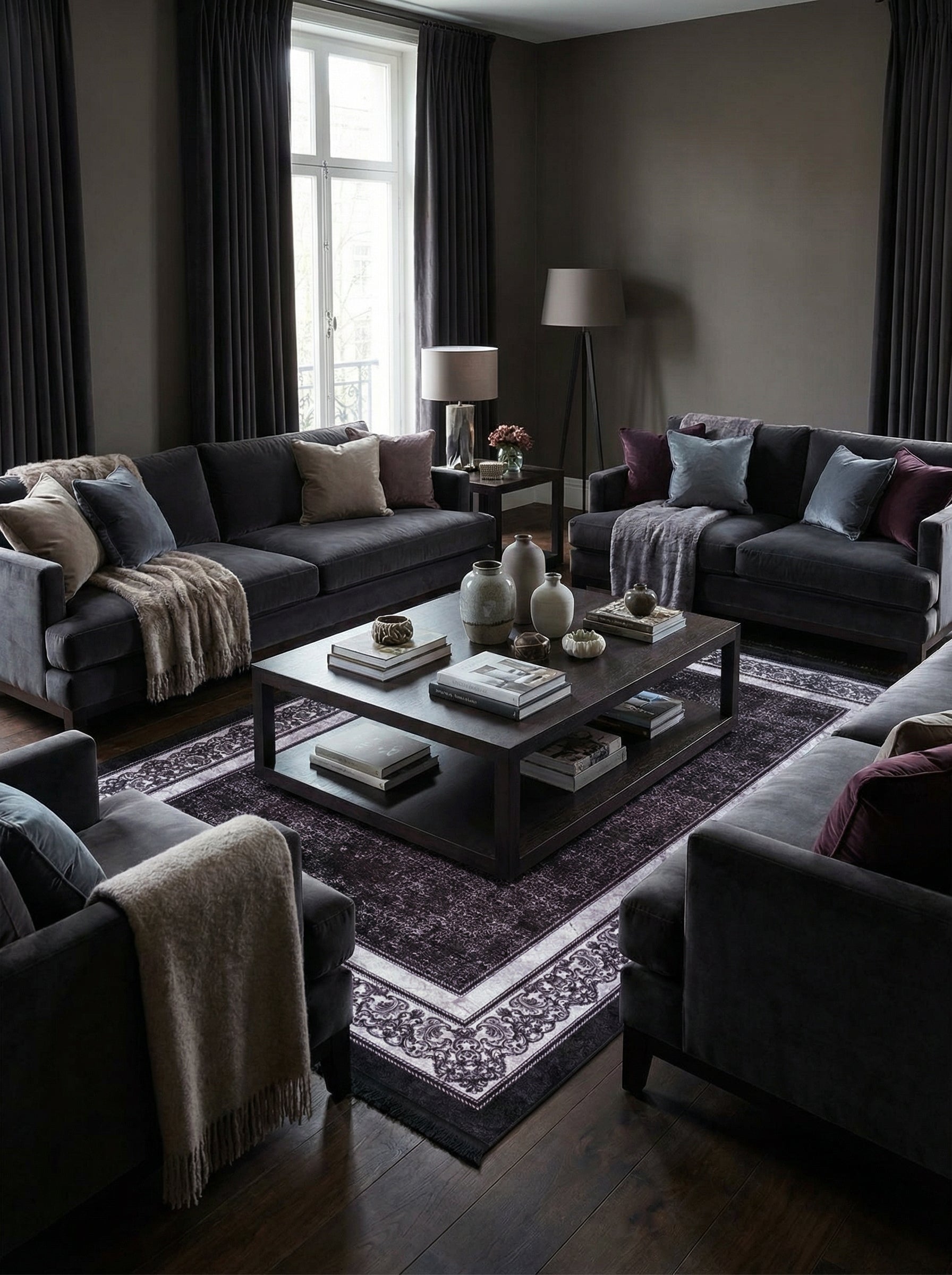 Tapis rectangulaire en velours patiné, violet foncé avec des motifs ornementaux clairs sur les bordures, au centre d'un salon