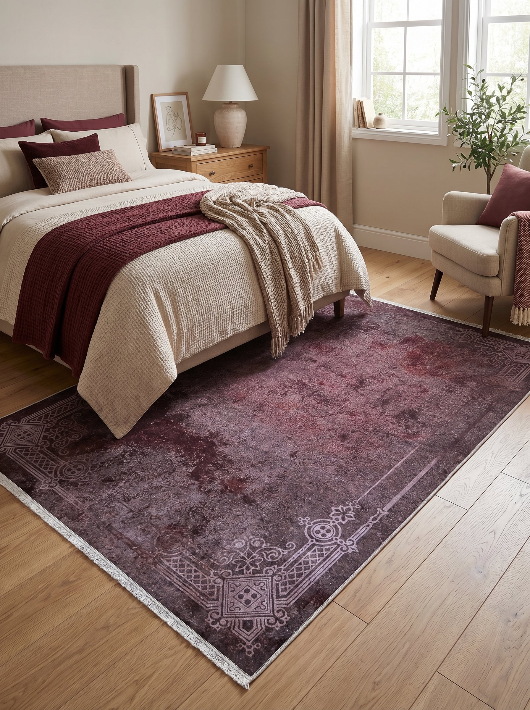Tapis rectangulaire bordeaux à l'aspect vieilli, avec une bordure ornée de motifs clairs et des franges. Il est posé sur le parquet d'une chambre