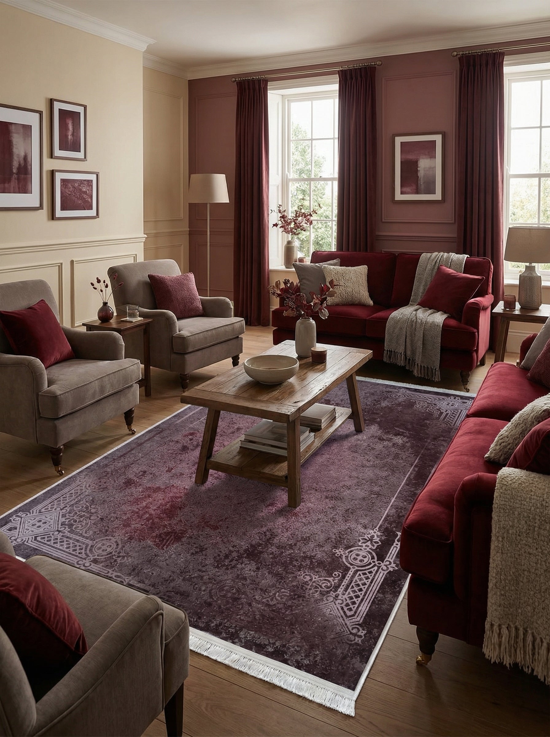 Tapis rectangulaire bordeaux et prune avec motifs ornementaux pâles et effet vieilli, dans un salon