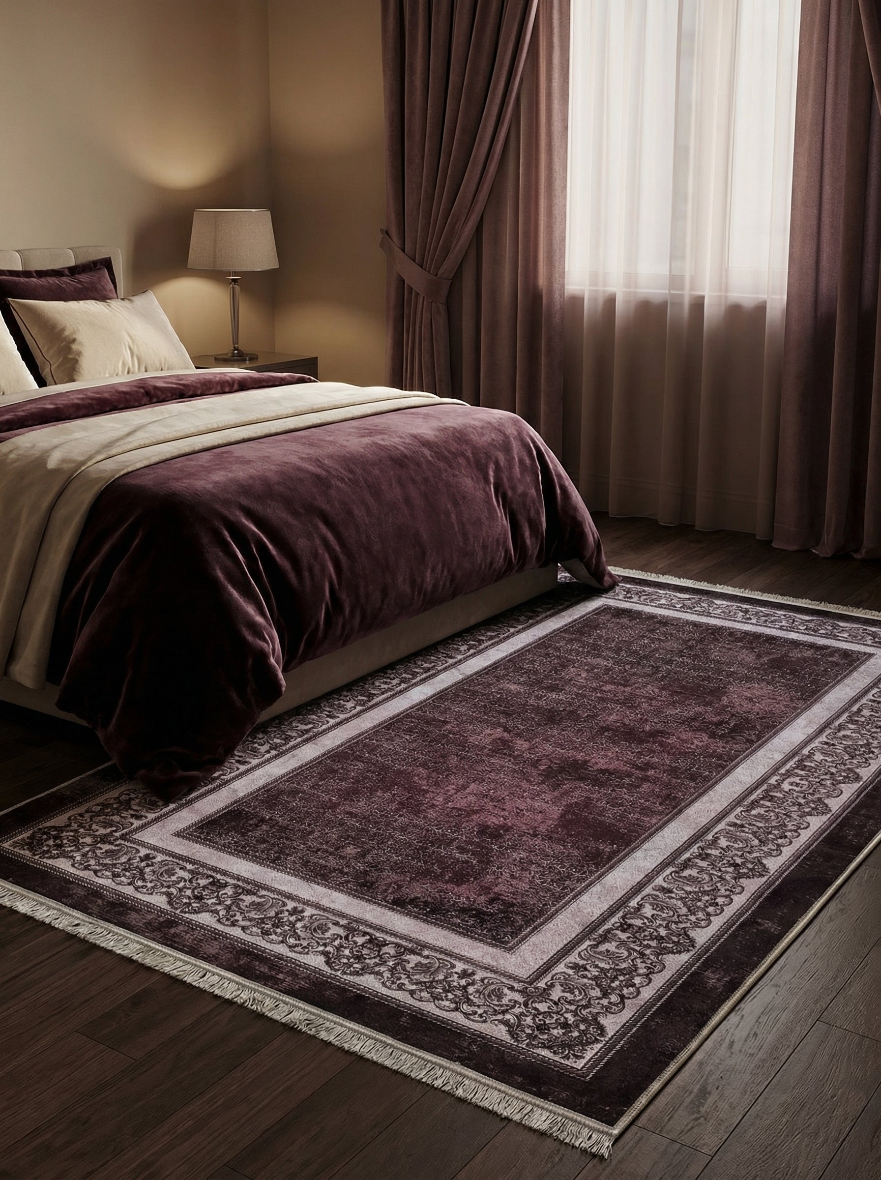 Tapis rectangulaire velouté lie-de-vin profond avec motifs discrets et bordures florales beige clair, dans une chambre