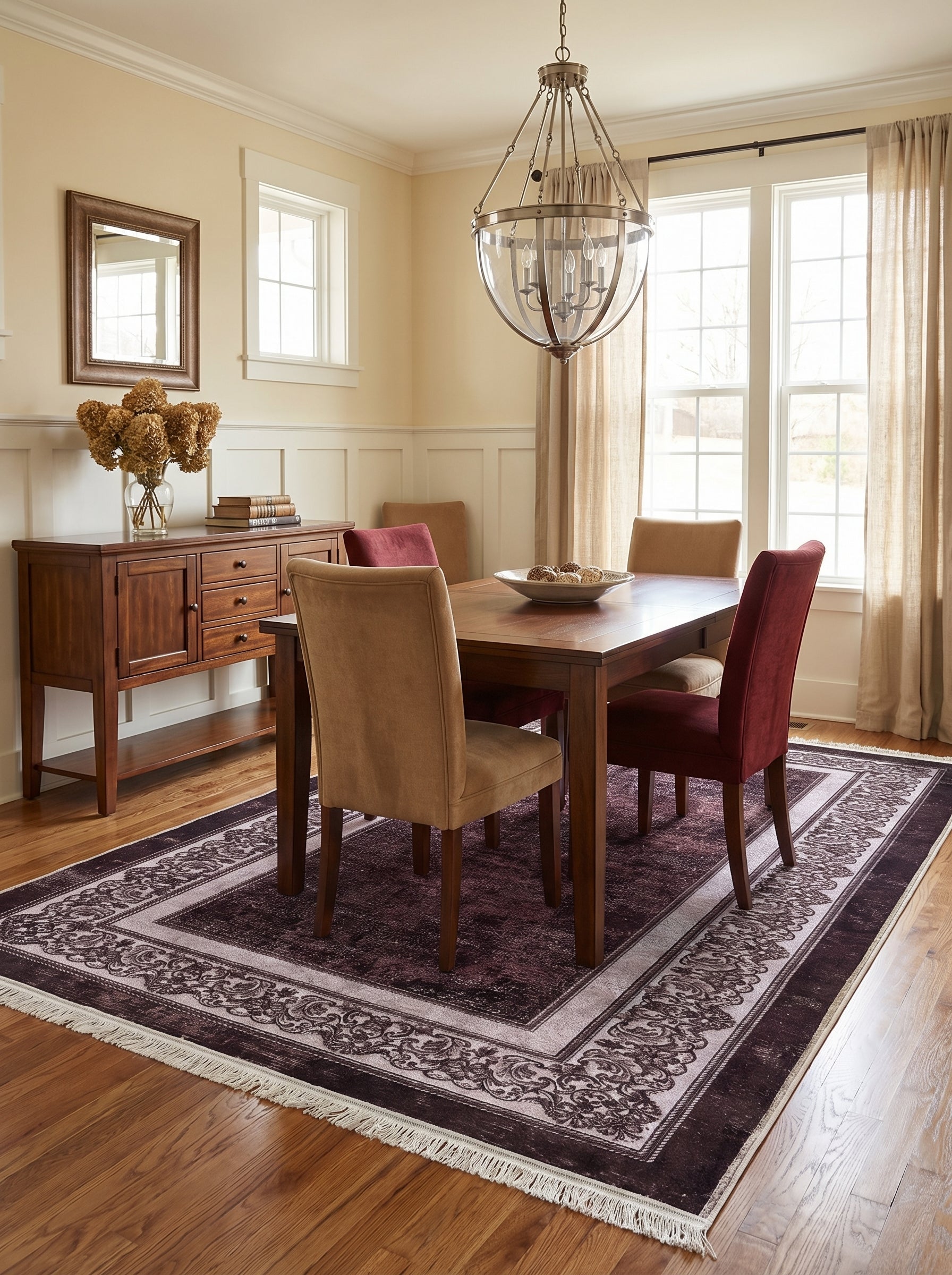 Tapis rectangulaire aubergine et beige, motifs classiques avec franges claires, sur parquet en bois dans une salle à manger
