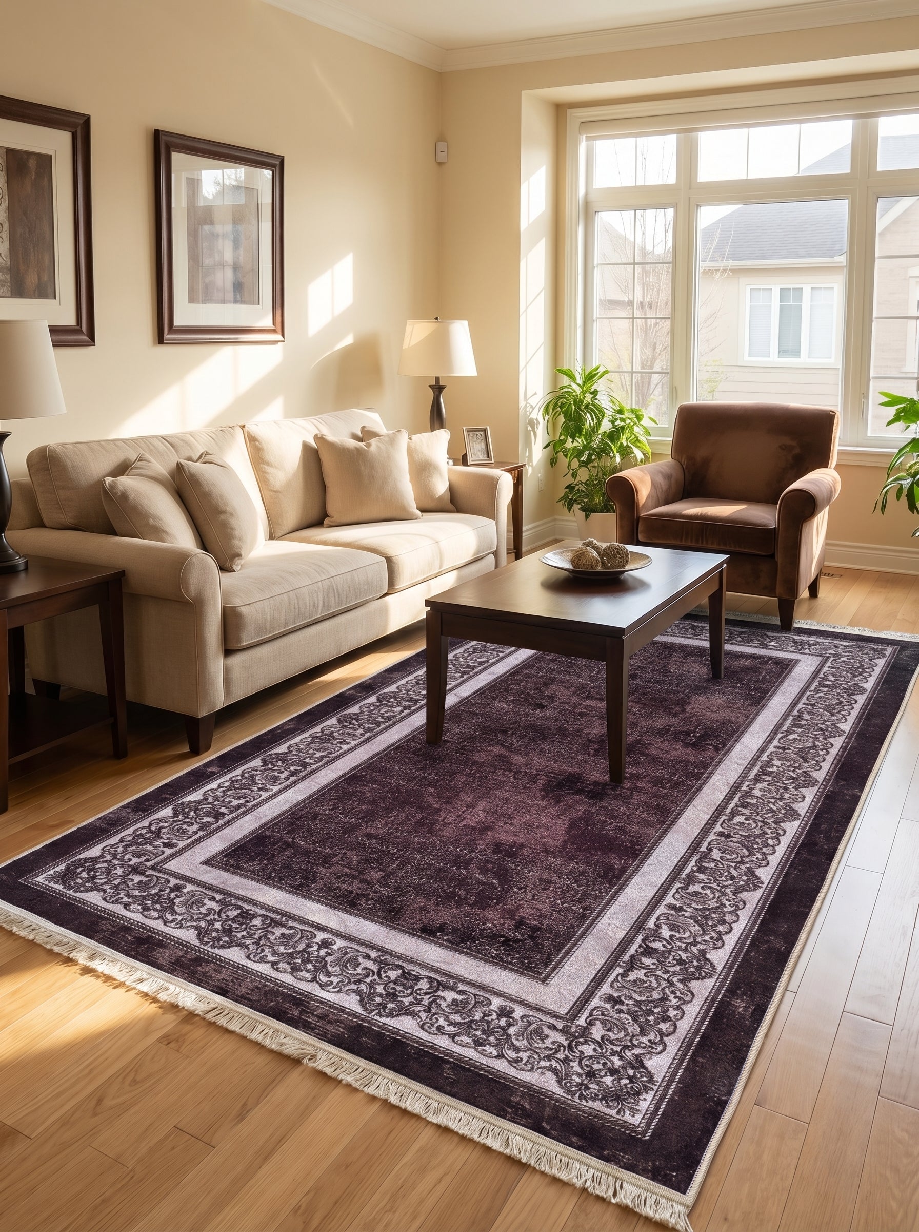 Tapis rectangulaire prune foncé texturé, bordures claires à motifs floraux complexes, sur parquet dans un salon lumineux