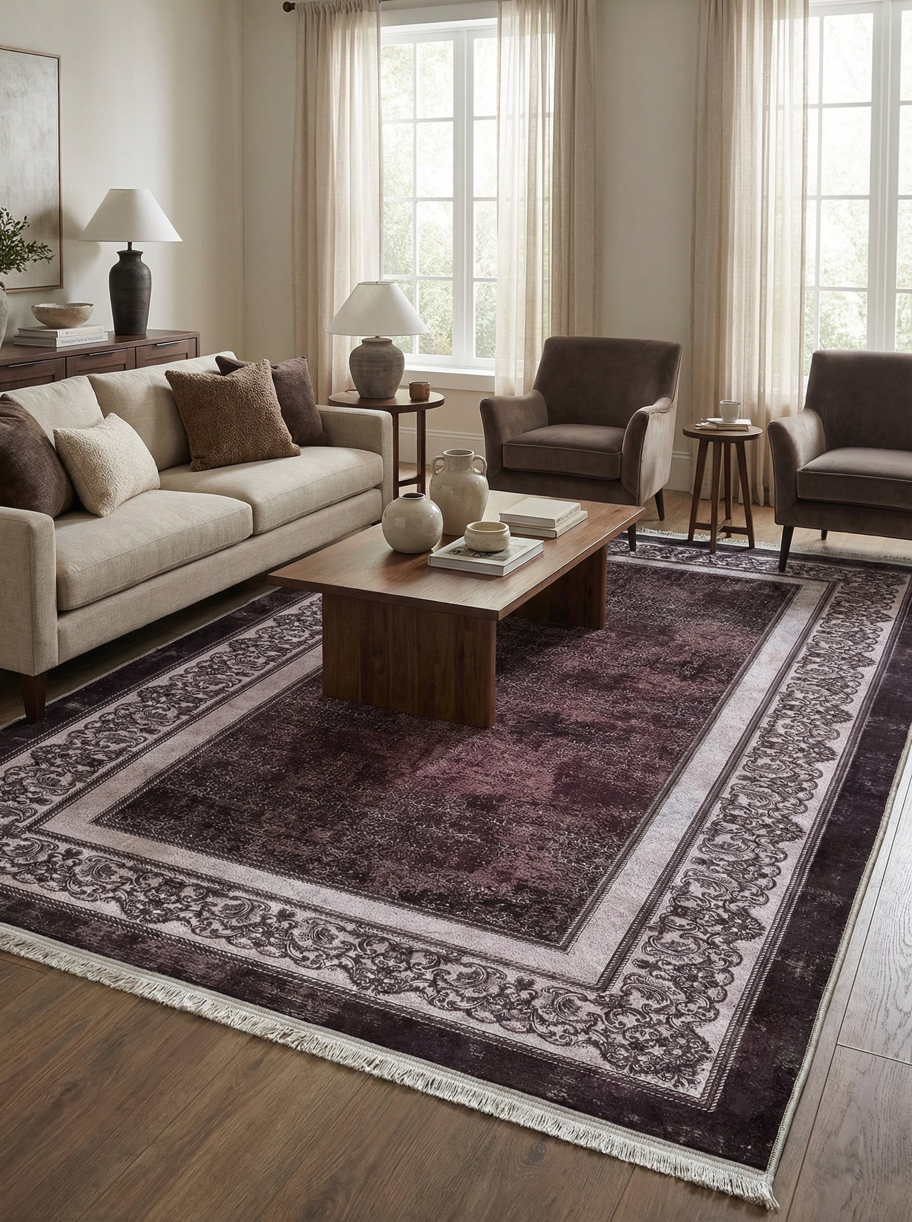 Tapis rectangulaire aubergine à l'effet vieilli, avec une frise de motifs floraux classiques beige clair et marron, dans un salon élégant