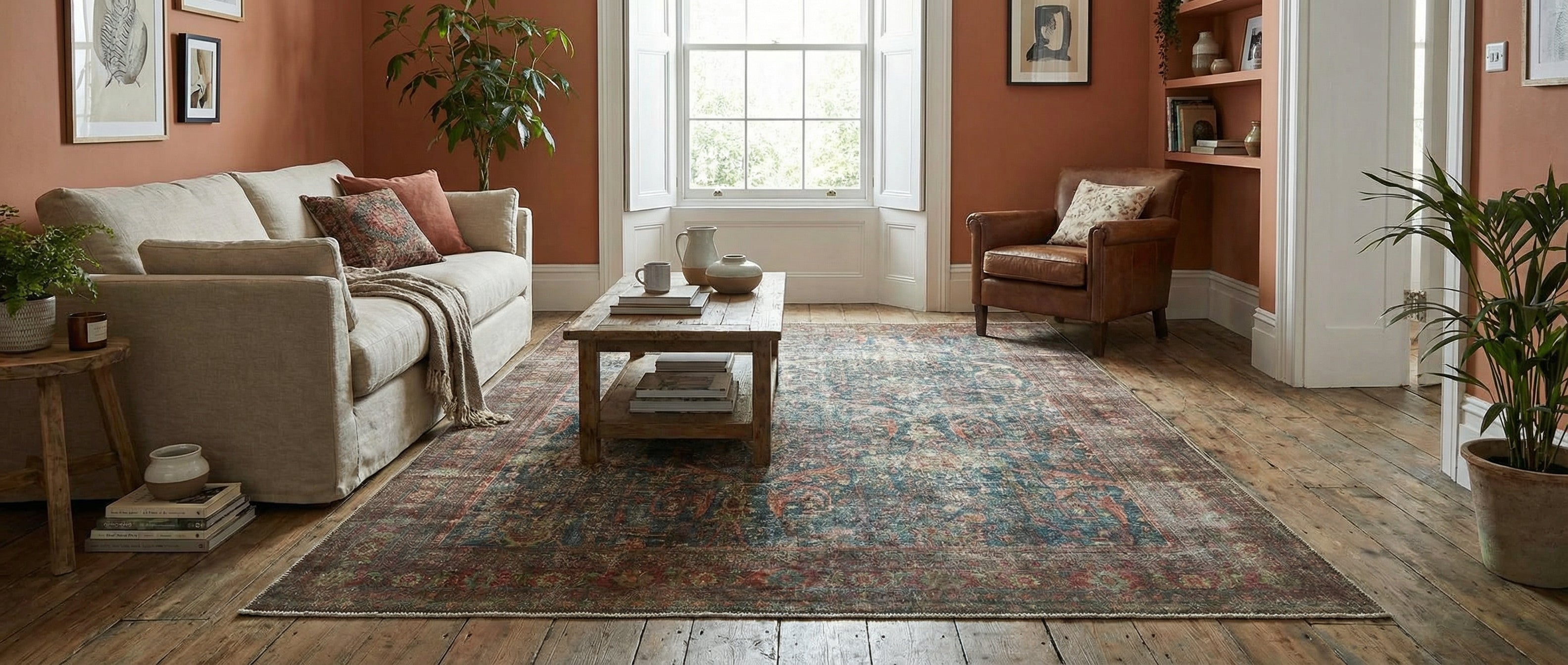 Le tapis rectangulaire crée une transformation. Couleurs terracotta et bleu harmonisées, ambiance chaleureuse dans la pièce