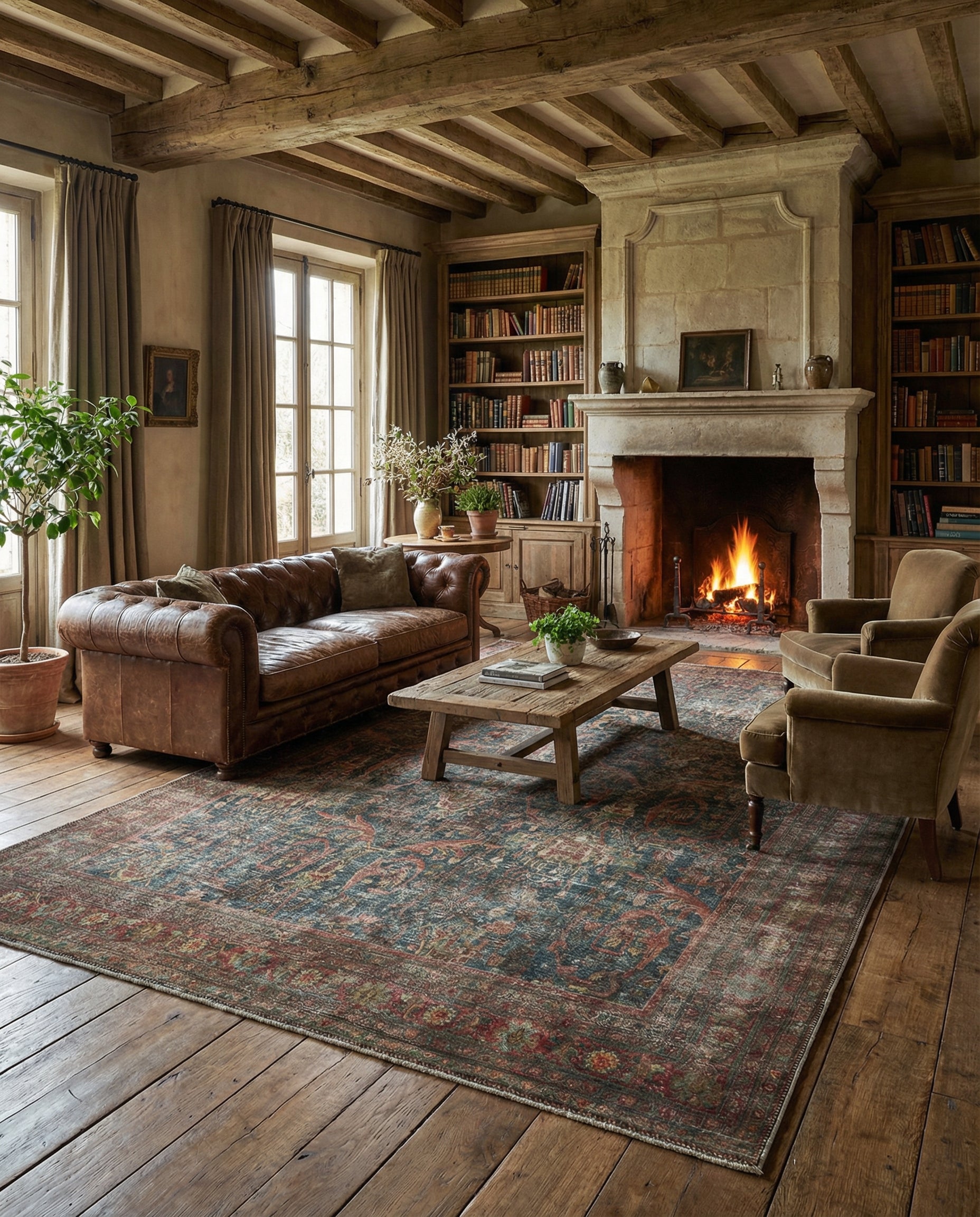 Tapis rectangulaire aux couleurs terracotta et bleu, créant une ambiance chaleureuse dans la pièce, harmonisant l'ensemble