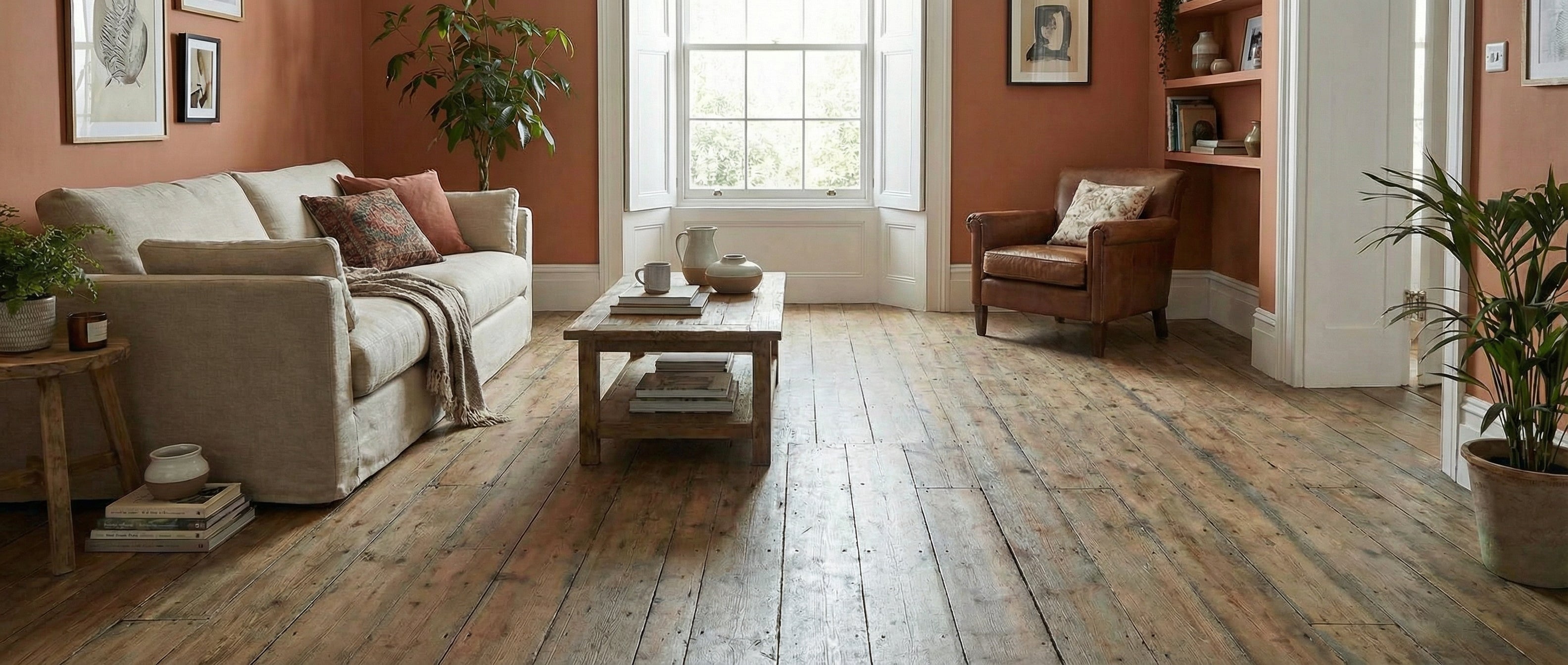 Pièce avec plancher bois clair, murs terracotta. Espace vide, potentiel déco avec tapis rectangulaire pour ambiance