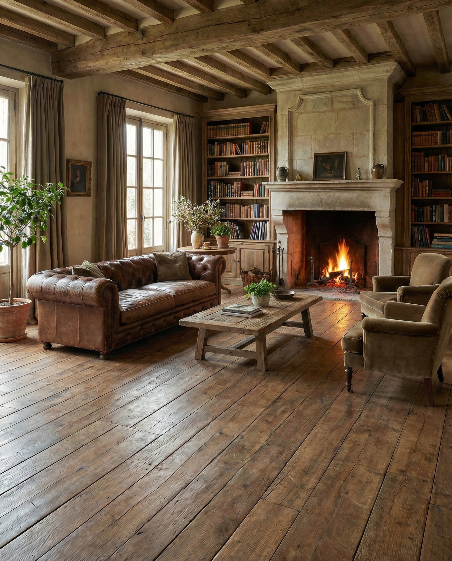 Pièce rustique avec plancher en bois, canapé en cuir, cheminée et bibliothèques. Ambiance chaleureuse, sans tapis