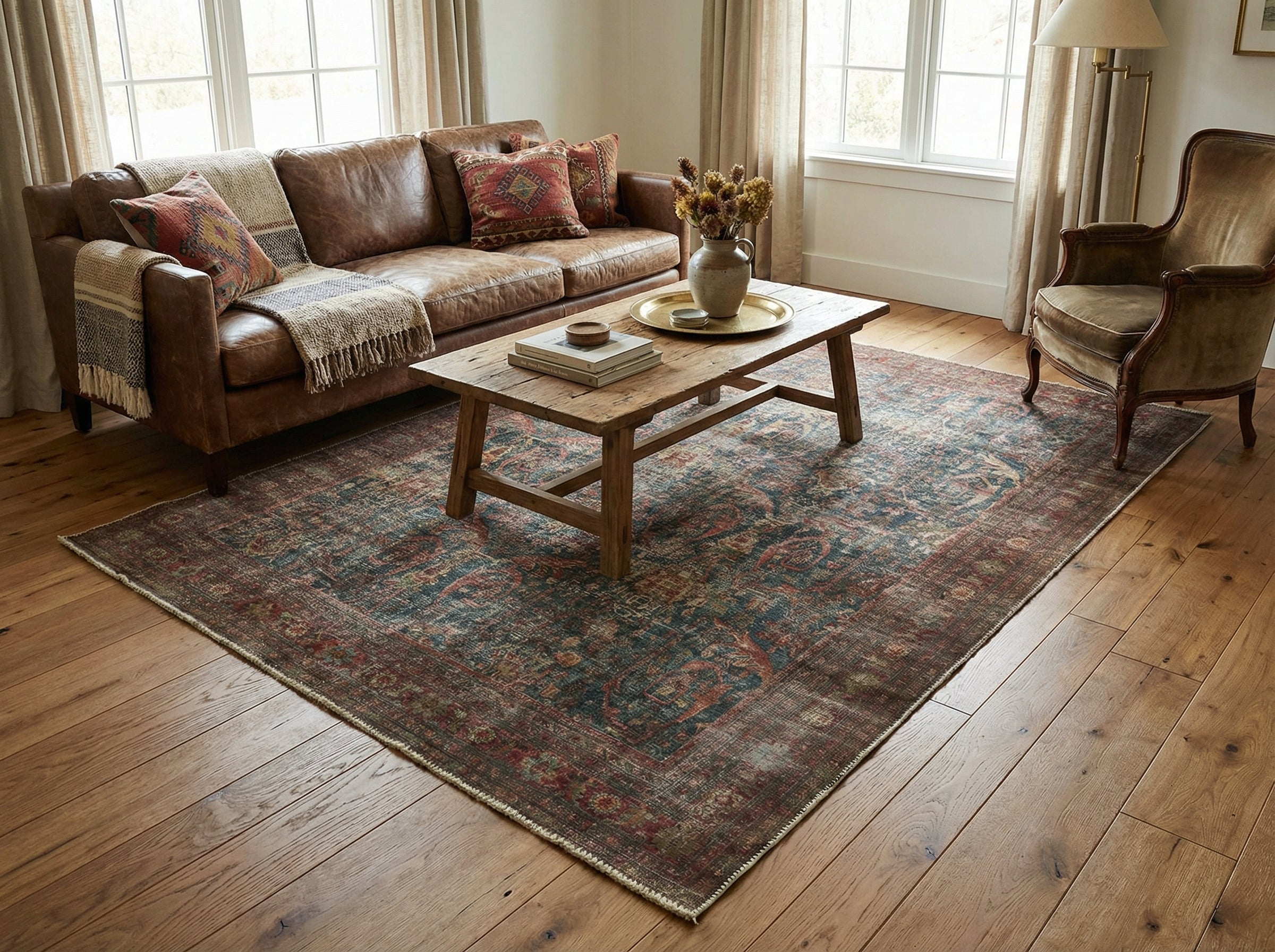 Tapis rectangulaire aux couleurs terracotta et bleu, dans un salon à l'ambiance chaleureuse et décontractée