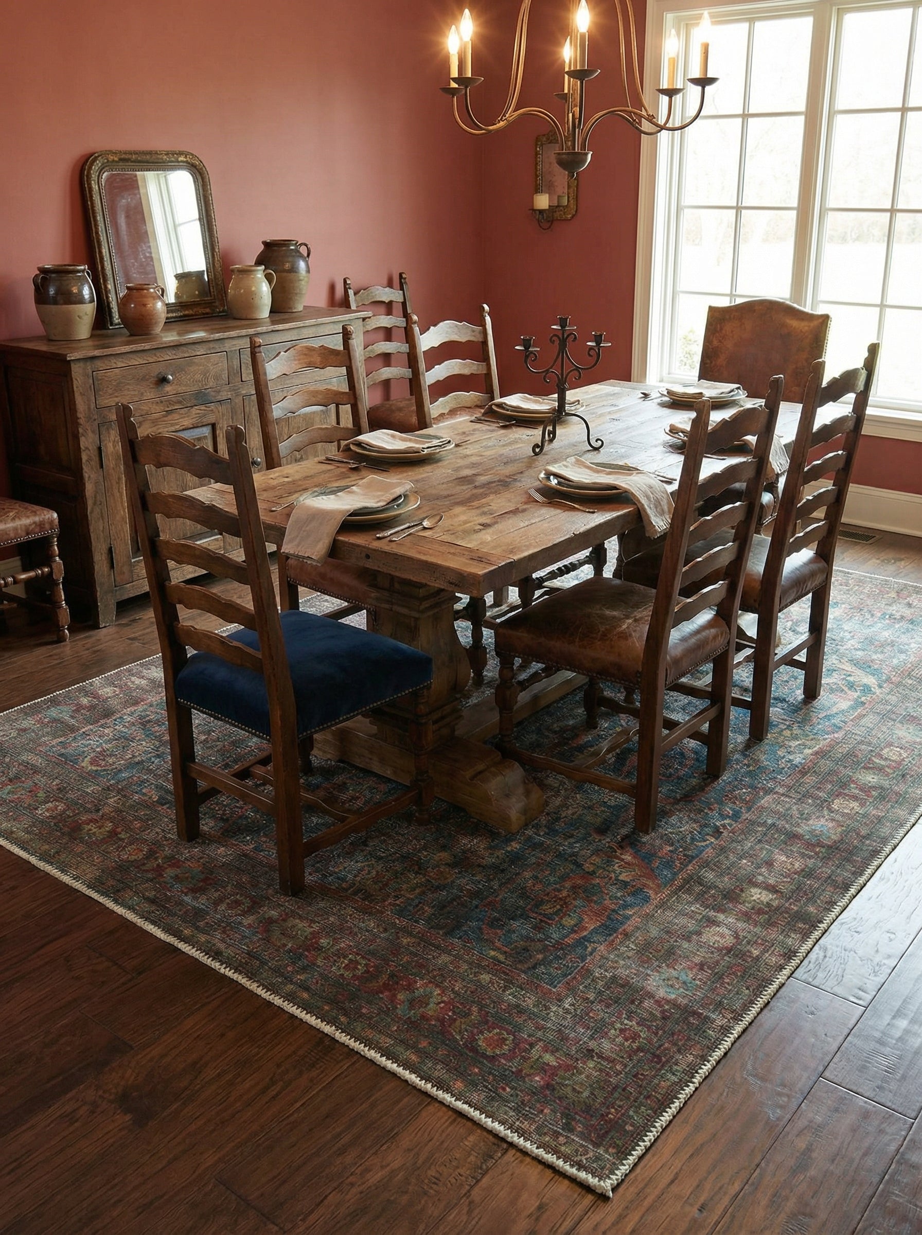 Tapis rectangulaire, couleurs terreuses et bleues, définissant l'espace repas, ambiance conviviale