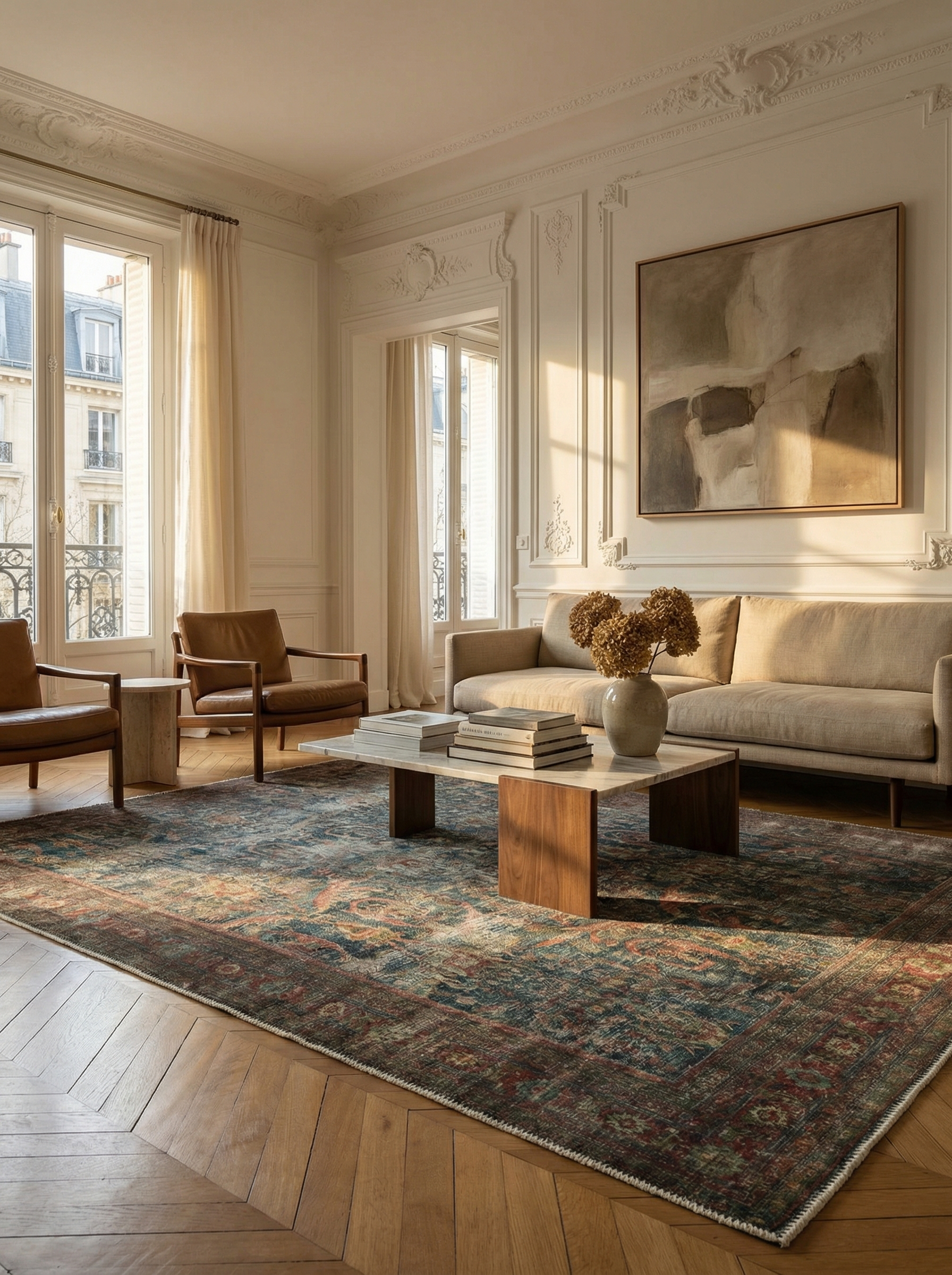 Tapis rectangulaire aux couleurs terracotta et bleu, ambiance de soirée. Convivialité et élégance dans cette pièce